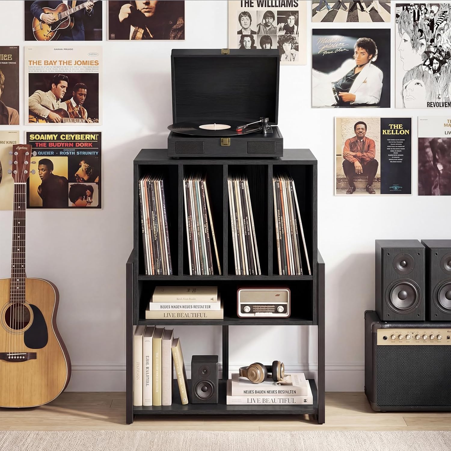 Meuble Platine Vinyle jusqu'à 180 Vinyle, 4 roulettes Inclus, Étagères, 5 Compartiments, Support Tourne Disque pour Albums, Manga, Livres, Noir - 7