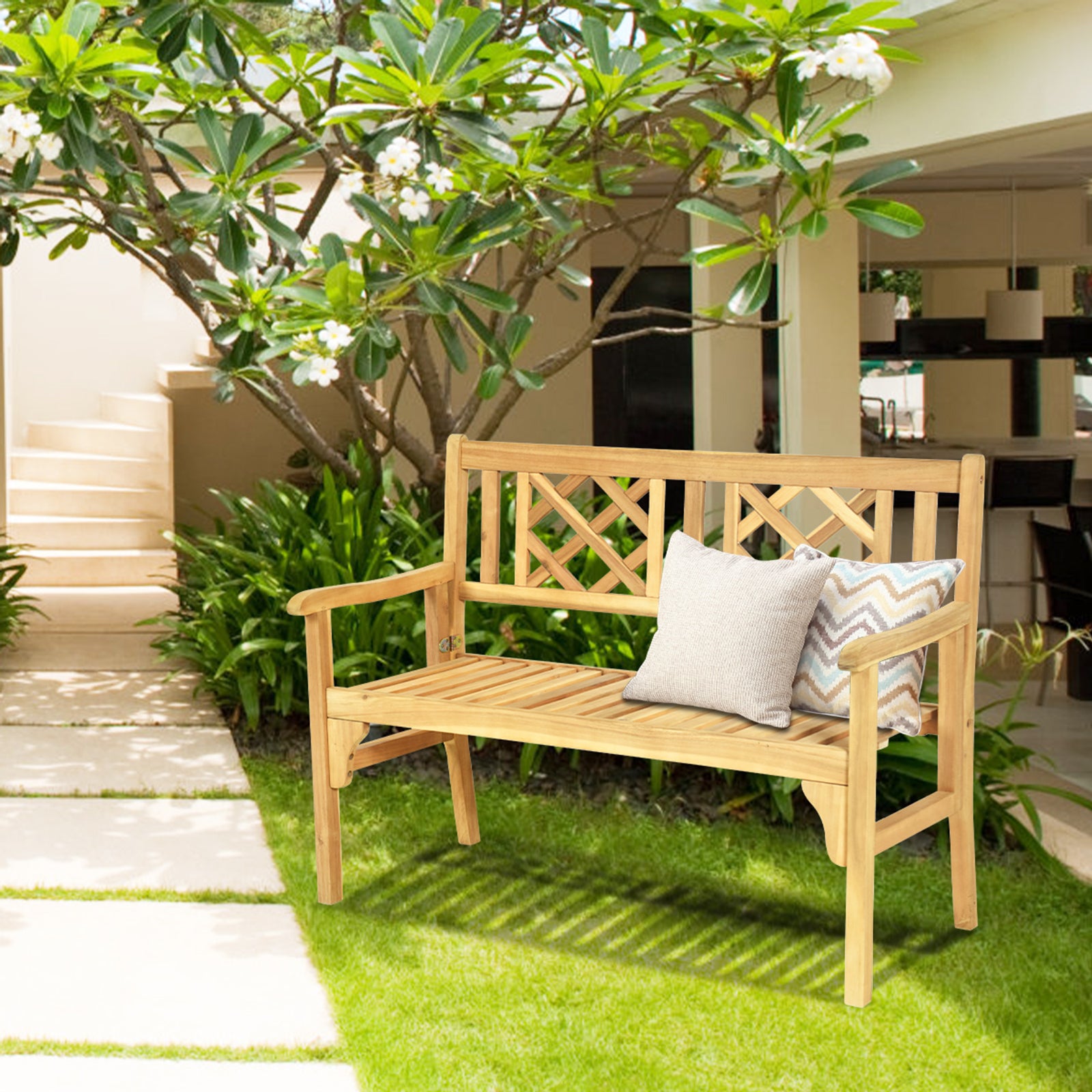 Panchina Curva Da Esterno In Legno Massello, Lunga 170 Cm, Per 2-3 Persone, Capacità 360 Kg, Naturale