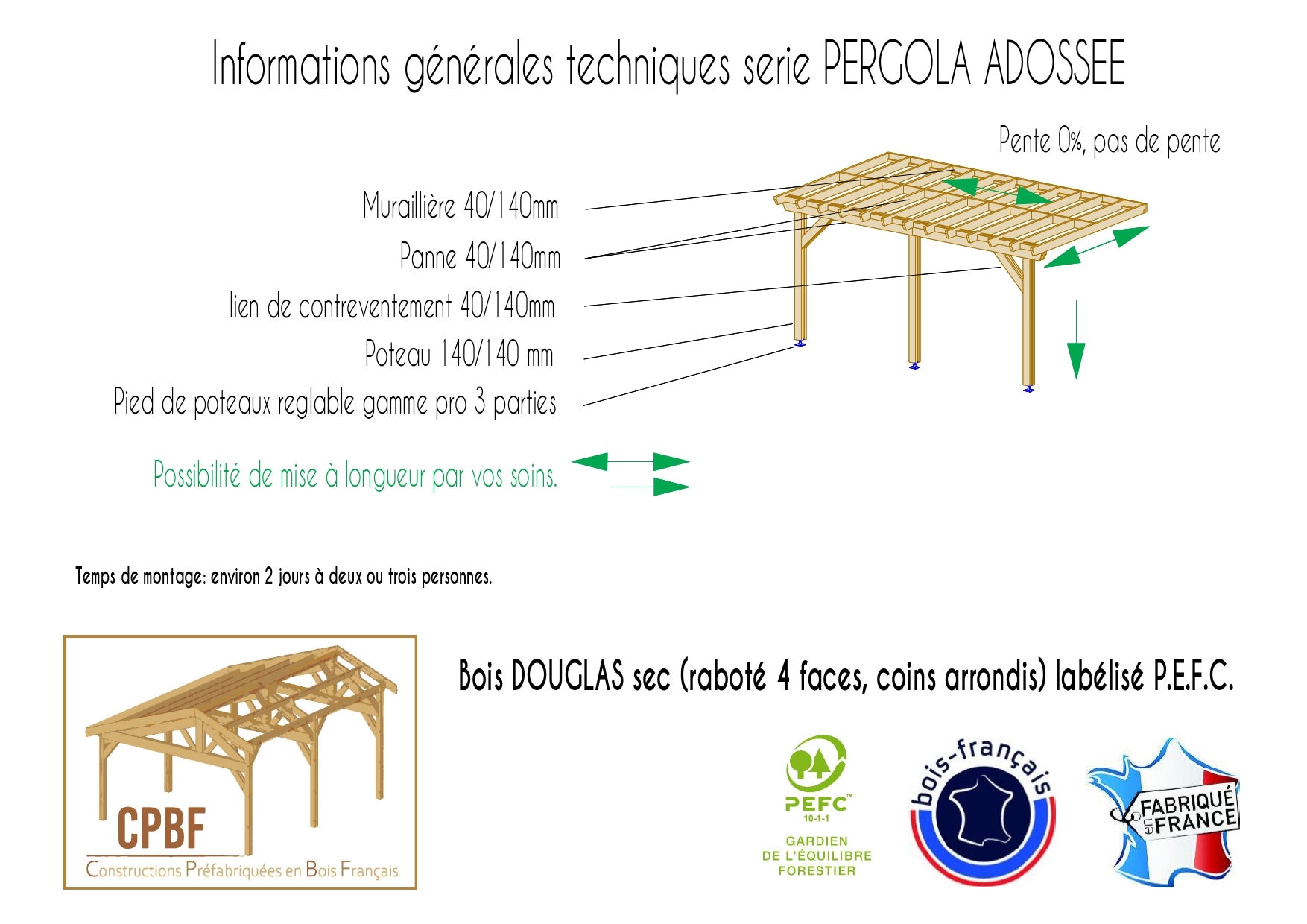 Charpente pergola adossée 500cmx500cm, Bois DOUGLAS Français label PEFC (Carport - Auvent - Abri terrasse), surface 25 m². - 3