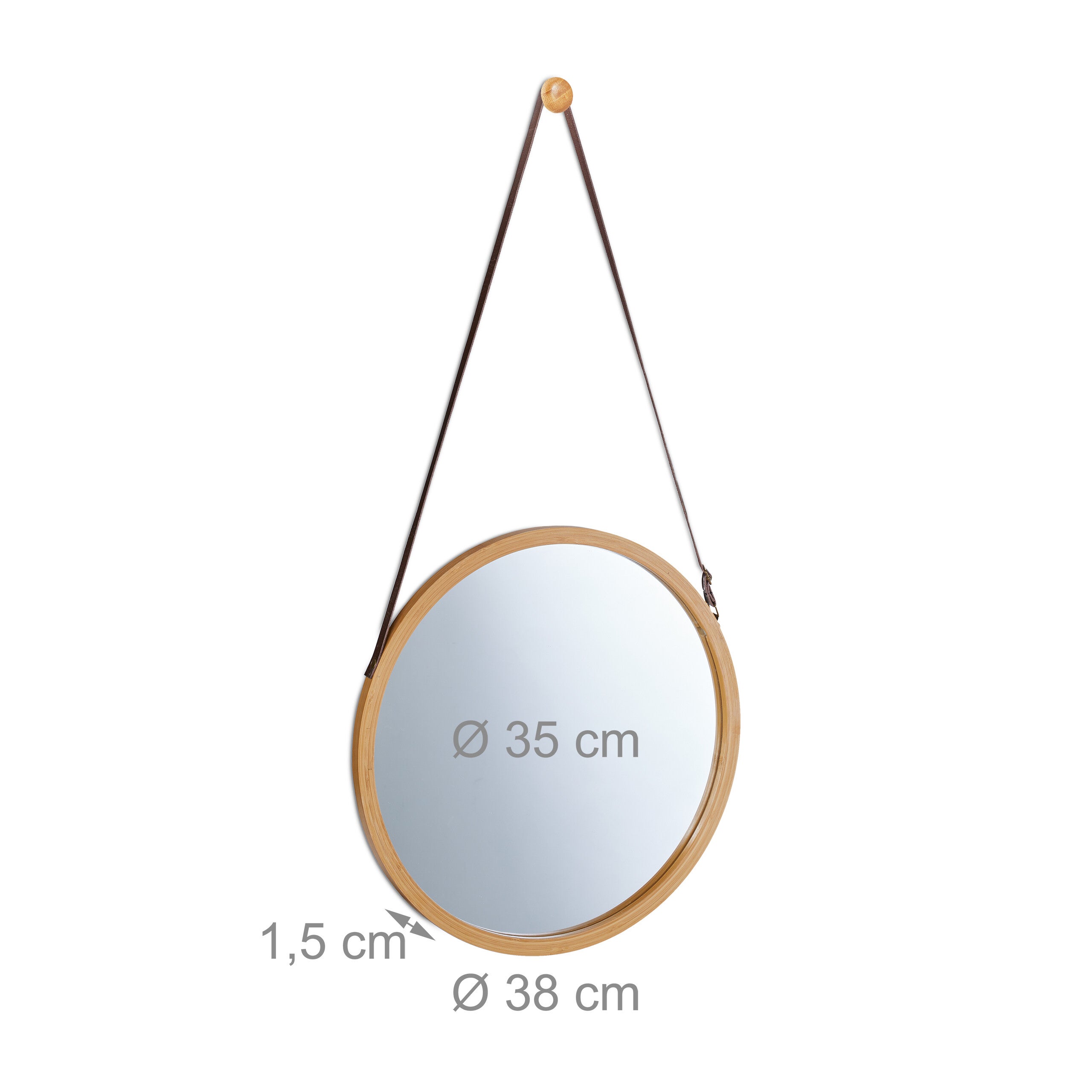 Miroir suspendu rond, sangle réglable, cadre bambou, entrée, salle de bain & WC, diamètre : 38 cm, nature, Relaxdays - 4