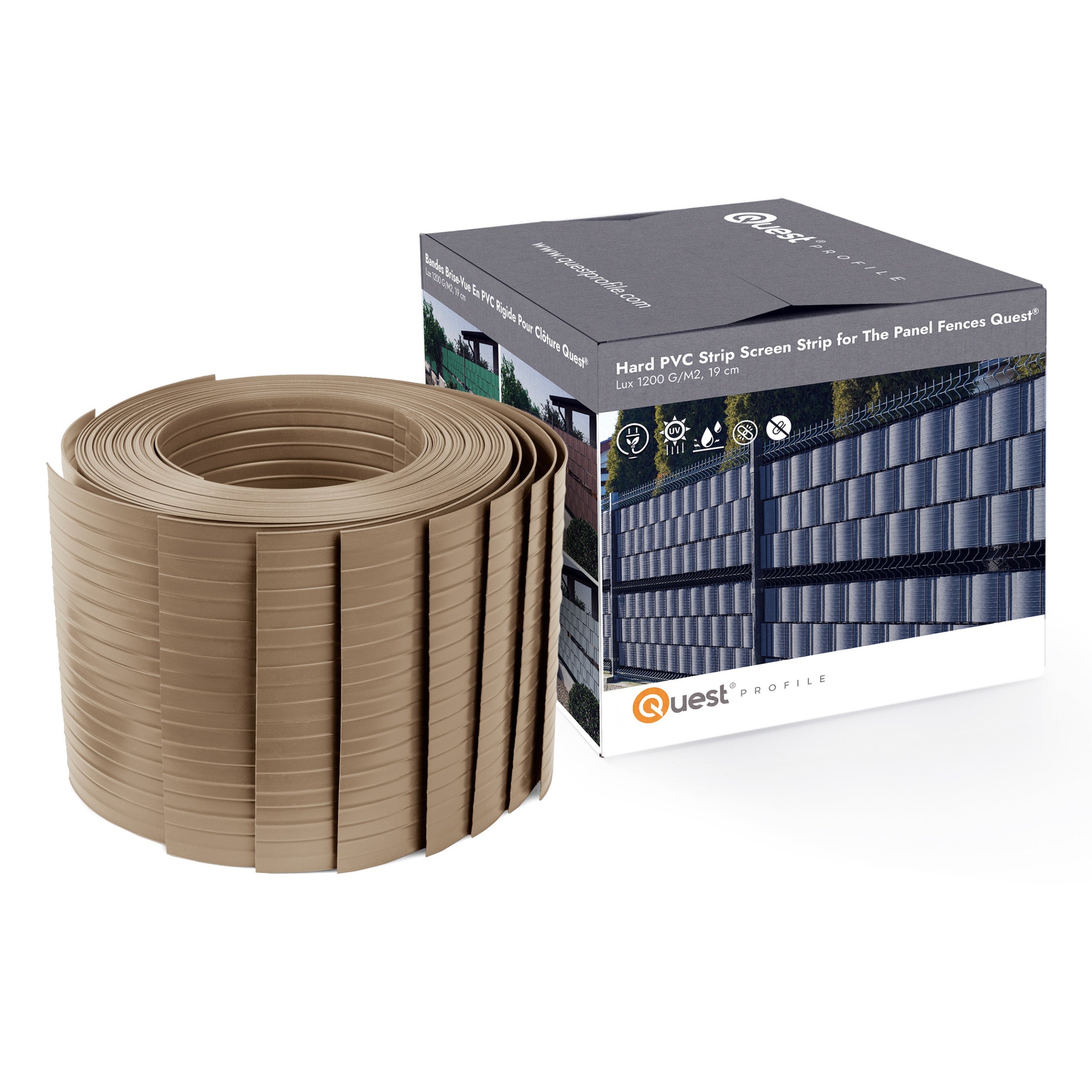 QUEST Taśma ogrodzeniowa PCV 19cm, listwa do ogrodzeń panelowych premium, 900 g/m2, RAL1019, beż, 10 x 2,525 m