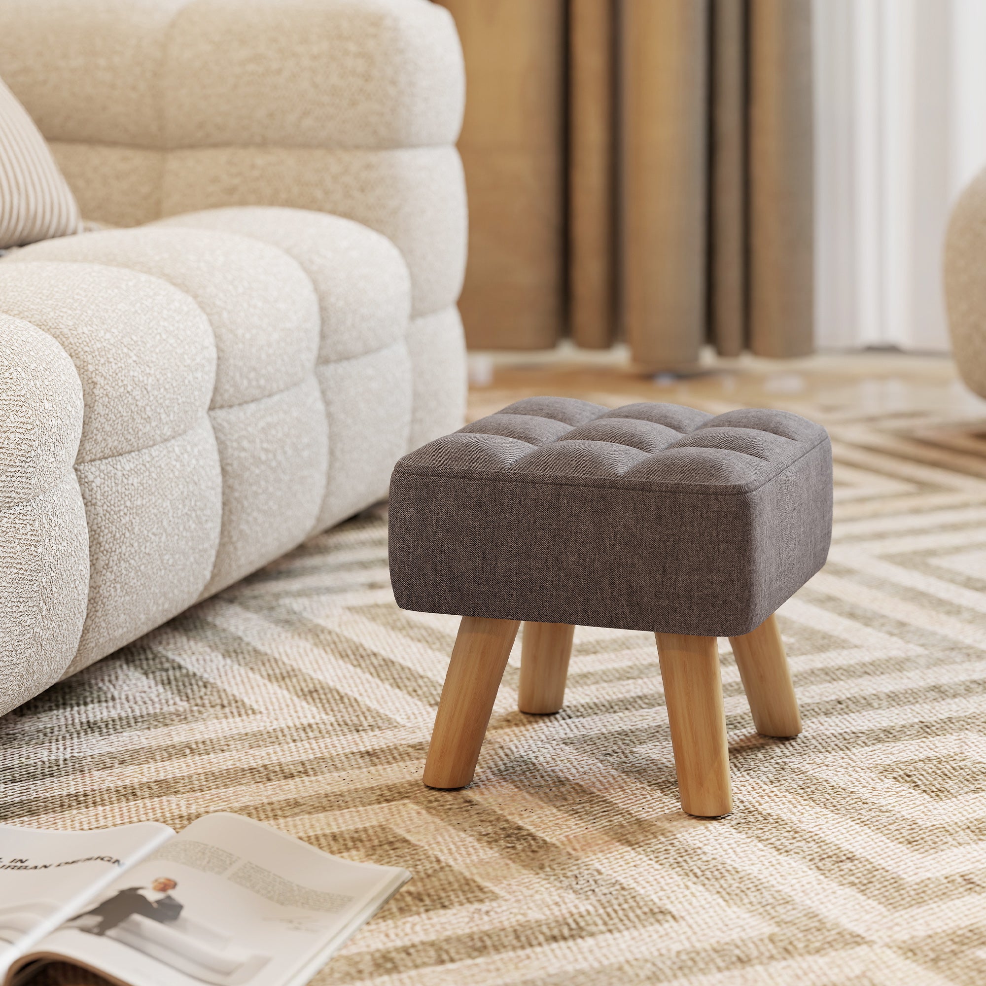 Repose pied salon - HOMCOM - siège rembourré en tissu - avec pieds en bois - pour salon chambre - 27 x 27 x 26 cm - gris - 2