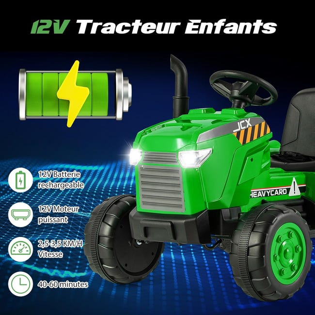 12V Tracteur Électrique Enfant avec Remorque Amovible, Télécommande, Voiture Électrique à 6 Pneus, Lumière LED, Musique, Charge 30kg, Vert - Gamm vert 12V Tracteur Électrique Enfant avec Remorque Amovible, Télécommande, Voiture Électrique à 6 Pneus, Lumière LED, Musique, Charge 30kg, Vert - Gamm vert
