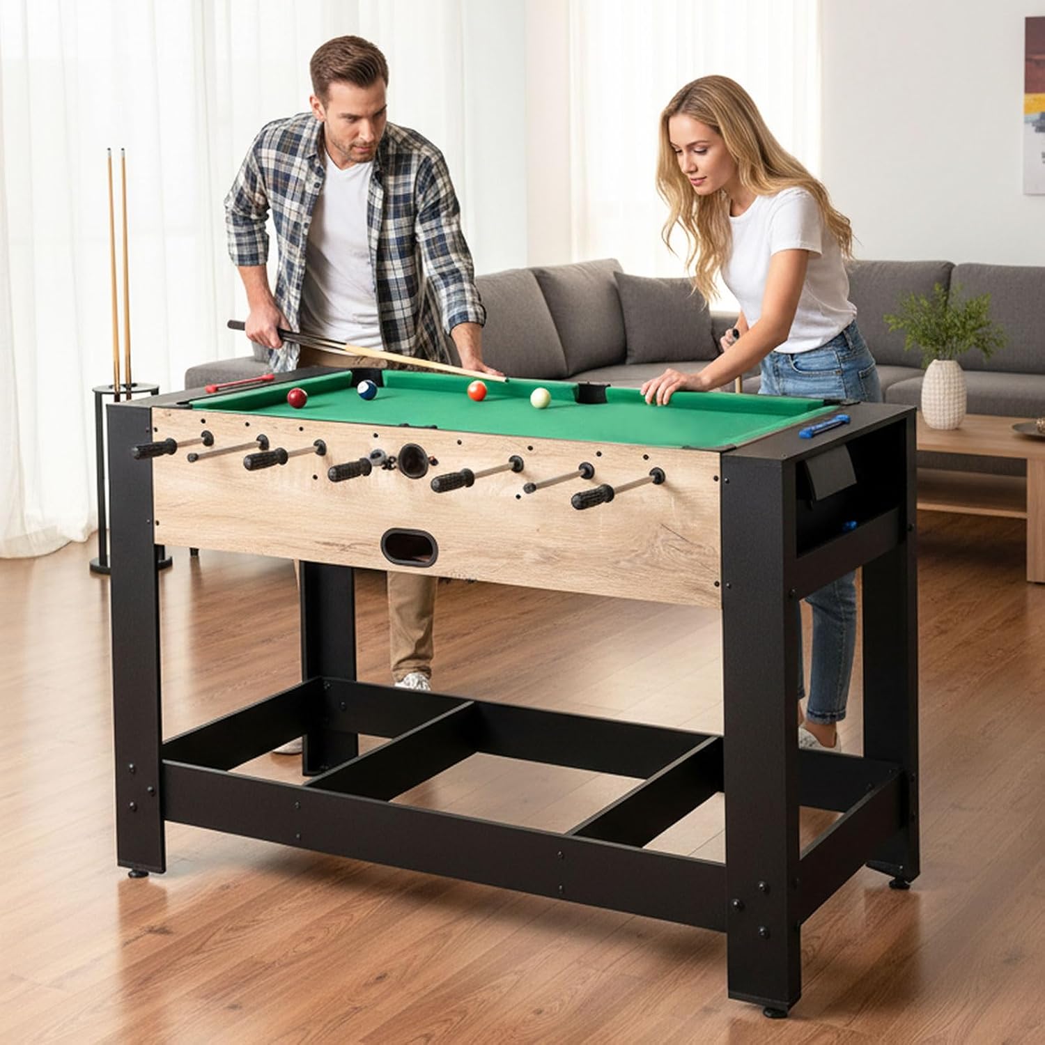 Mesa 2 em 1 de matraquilhos e bilhar, 2 bolas e tacos de bilhar, escova, 2 giz, adultos, crianças com mais de 6 anos 122x81,5x61,5 cm - 9