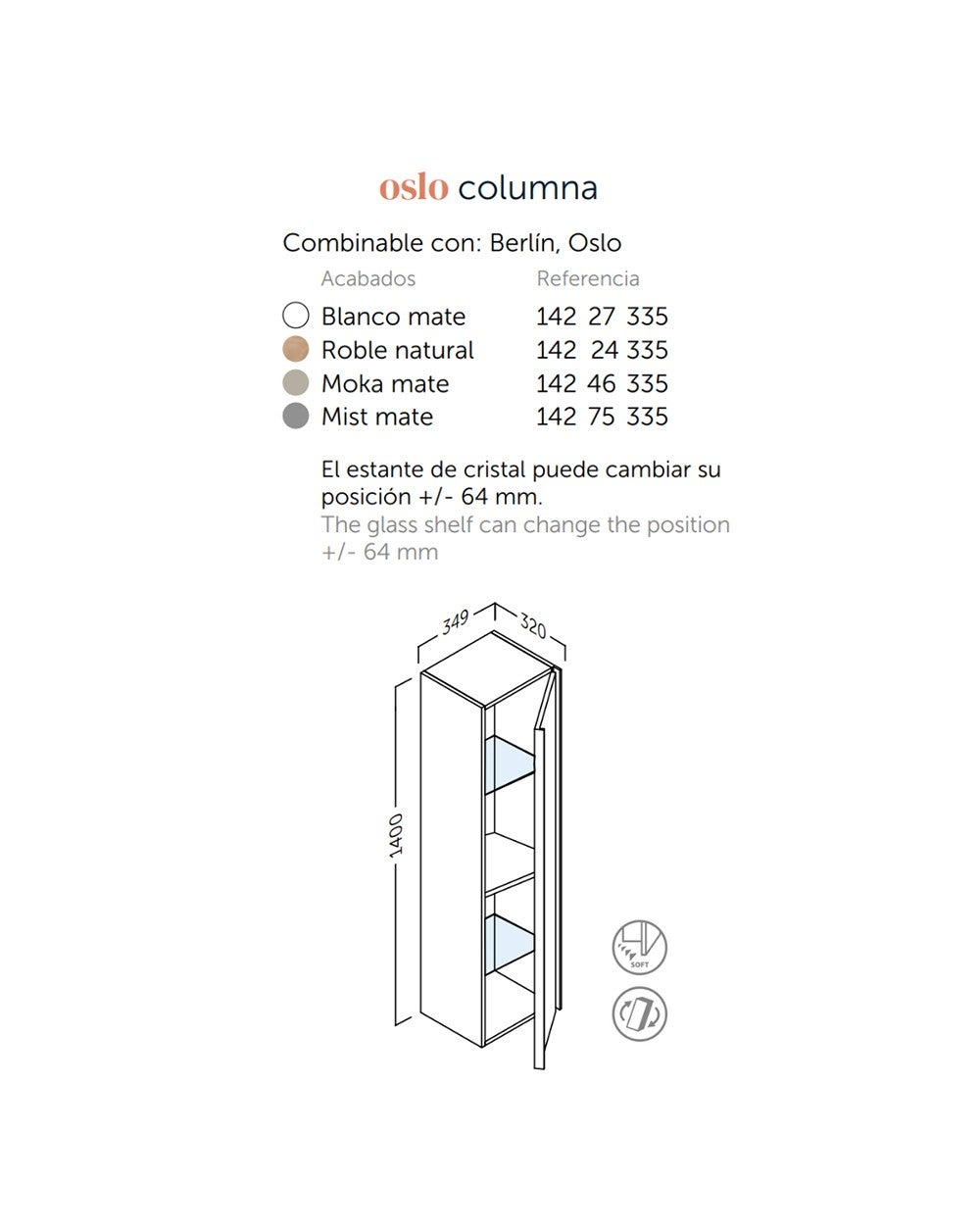 Porta 1 della colonna del bagno sospeso | 140 x 34,9 x 32cm | Armadietto alto per bagno appoggiato | Quercia naturale - 5