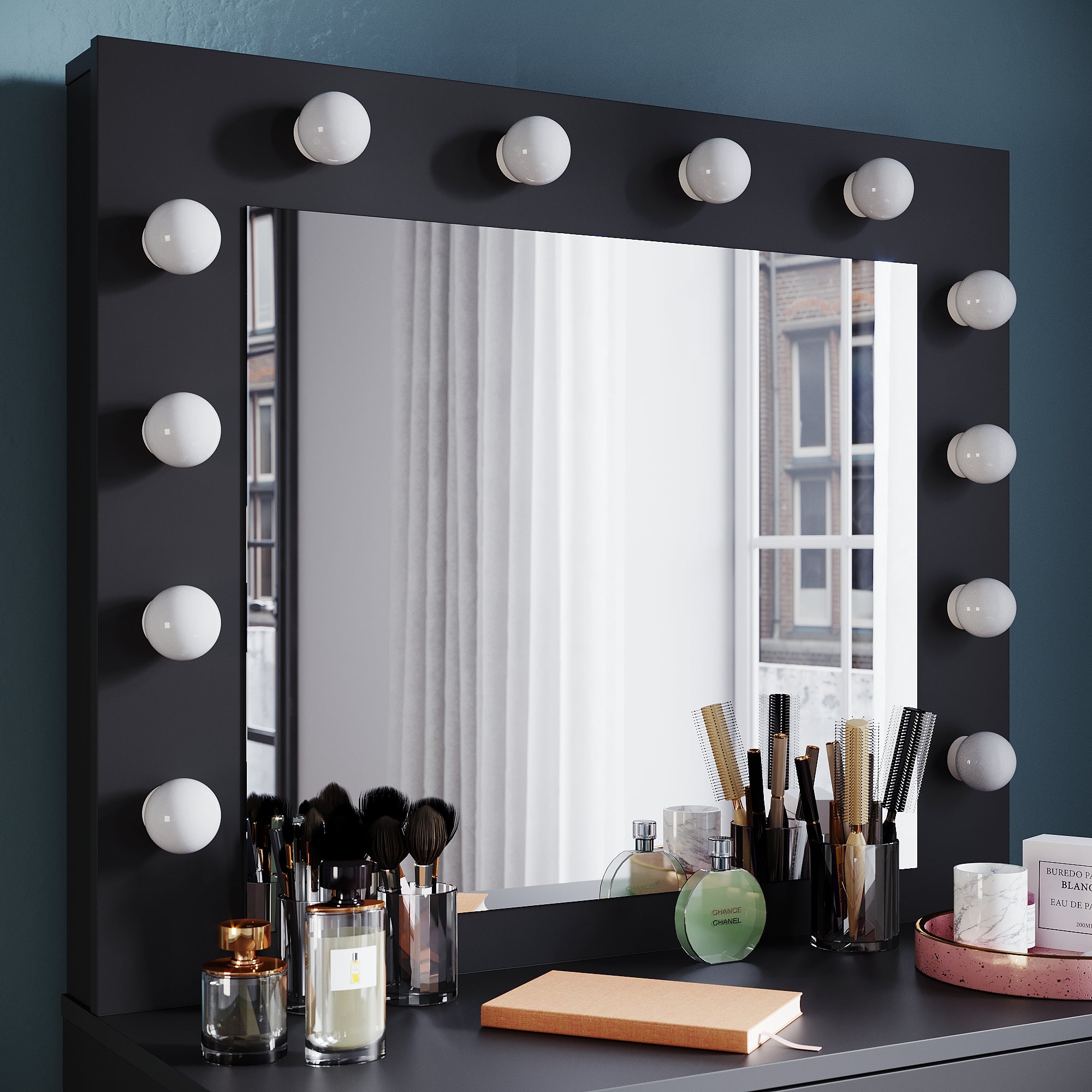 SIRHONA Coiffeuse avec Miroir et Tabouret Blanc,Ensemble de Coiffeuse avec Ampoules LED à Intensité Variable,Grand Tiroir,Noir 80x40x140cm - 3