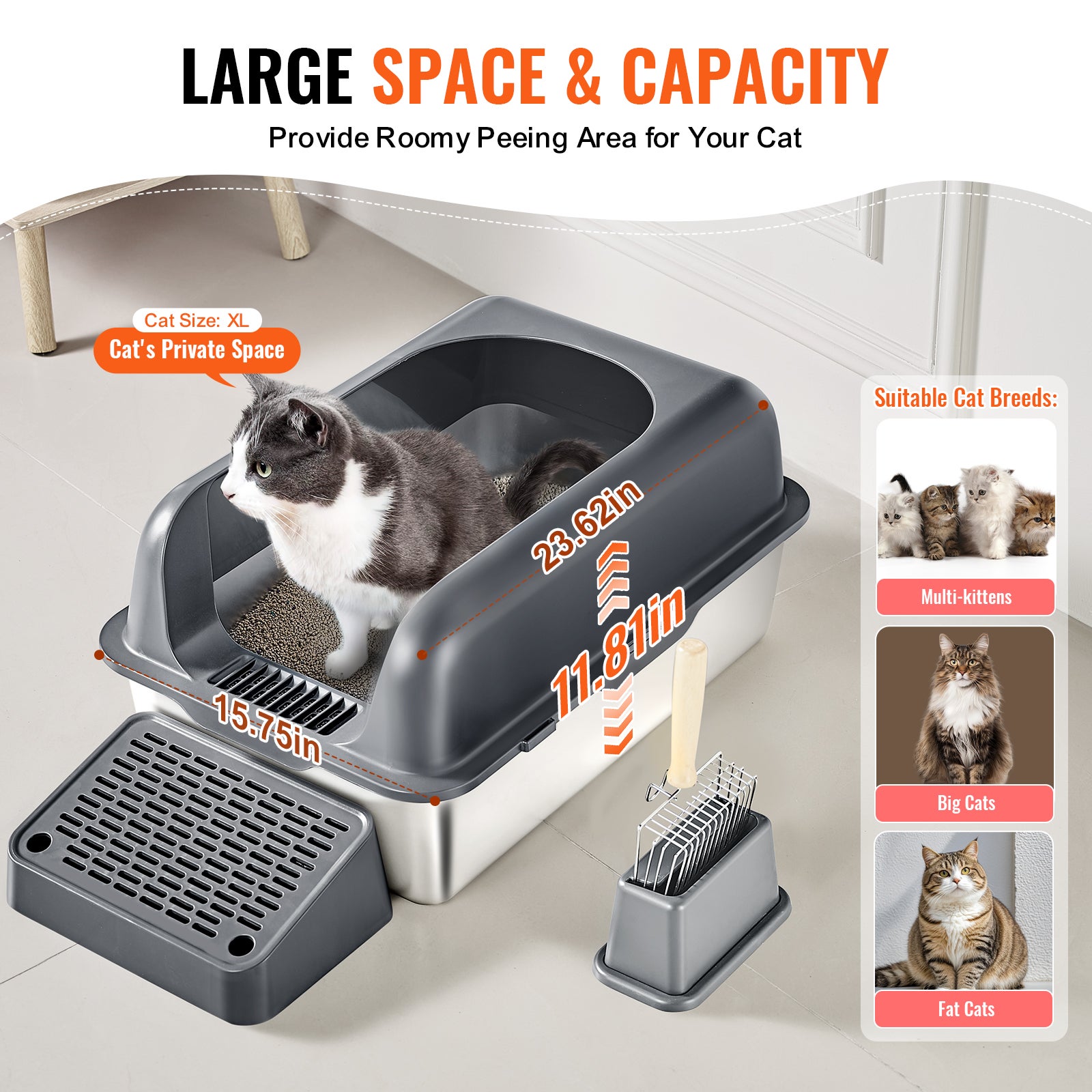 Bac à litière pour chat profondeur VEVOR 152,4 mm,acier inoxydable,avec pelle,repose-pieds filtrant,côtés hauts,sans odeur,facile à nettoyer - 5