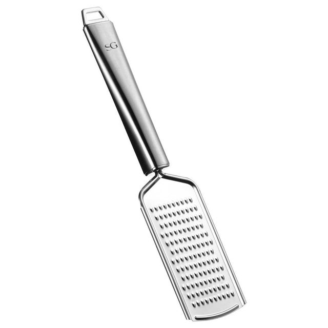 Grattugia Multiuso In Acciaio Inox Con Manico Rosso Antiscivolo - 30,5 Cm - Per Formaggio, Verdure E Limone - Include Spazzola E Coperchio