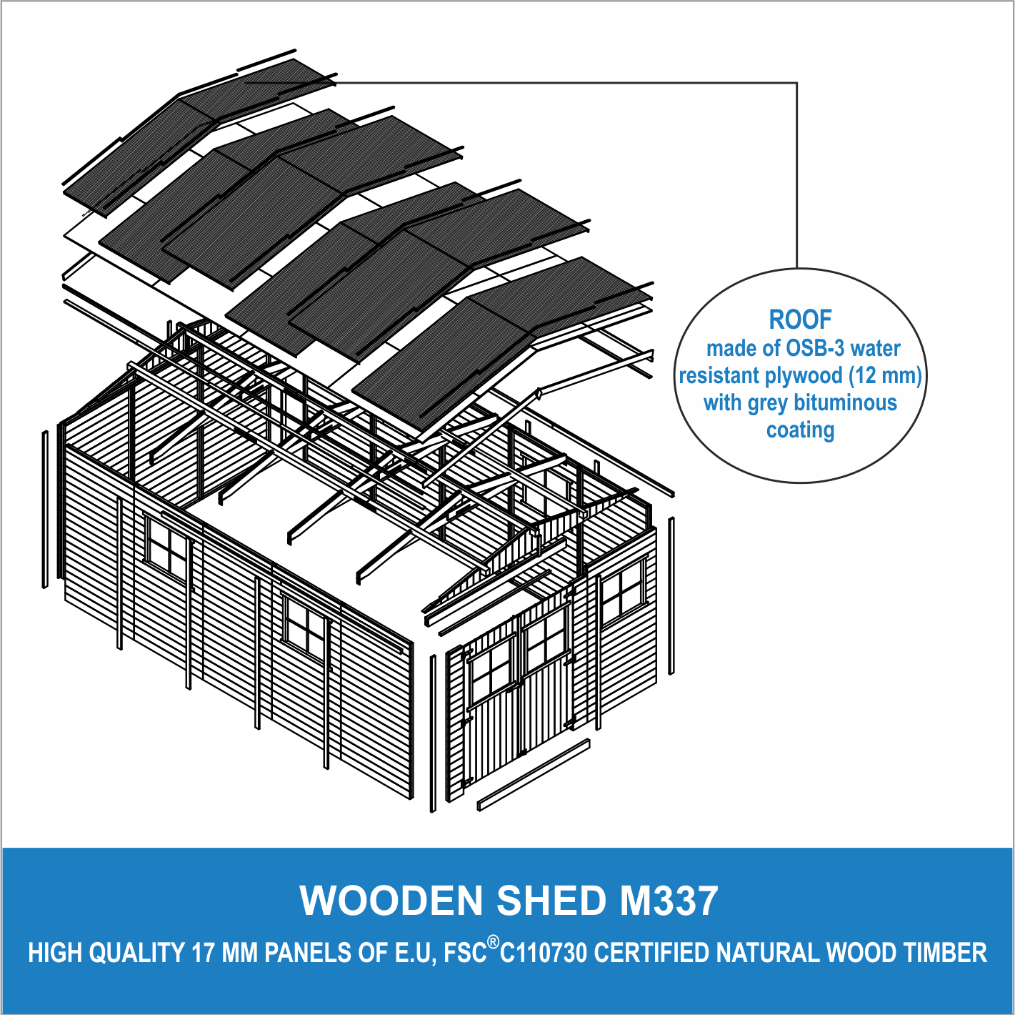 Abri de Jardin en Bois Naturel - Stockage extérieur avec fenêtres- H226x324x516 cm/15 m² hangar en bois naturel - TIMBELA M337 - 10