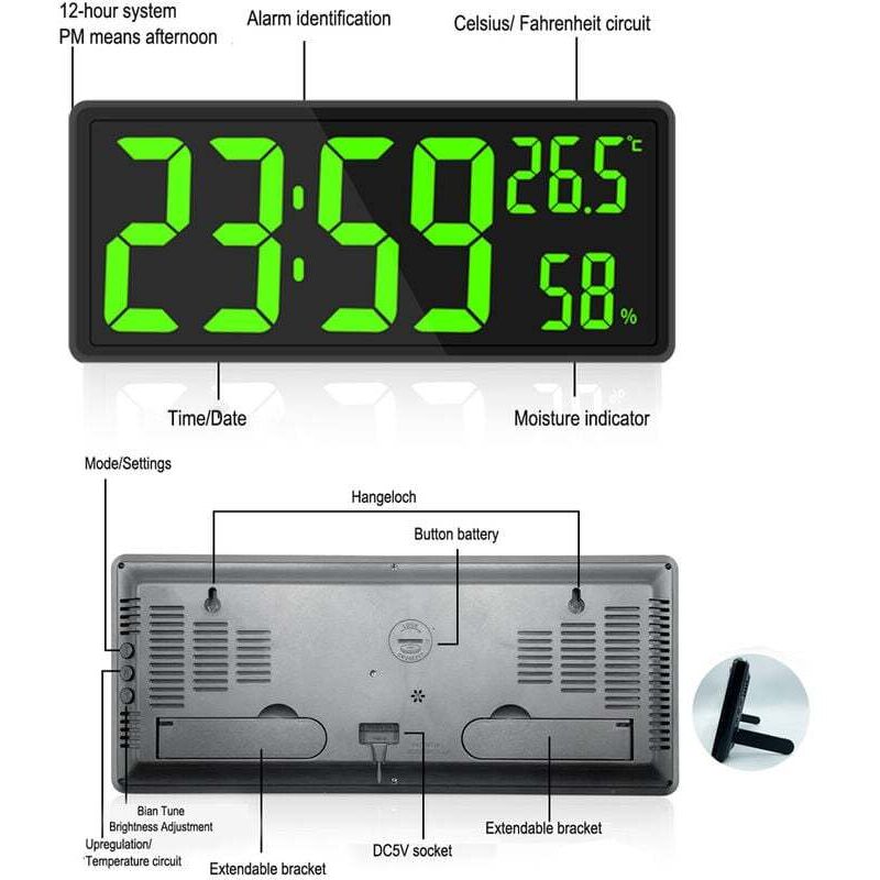Horloge numérique grand écran, grande horloge murale numérique avec température et humidité, horloge murale numérique avec chiffres LED âgées vert - 3