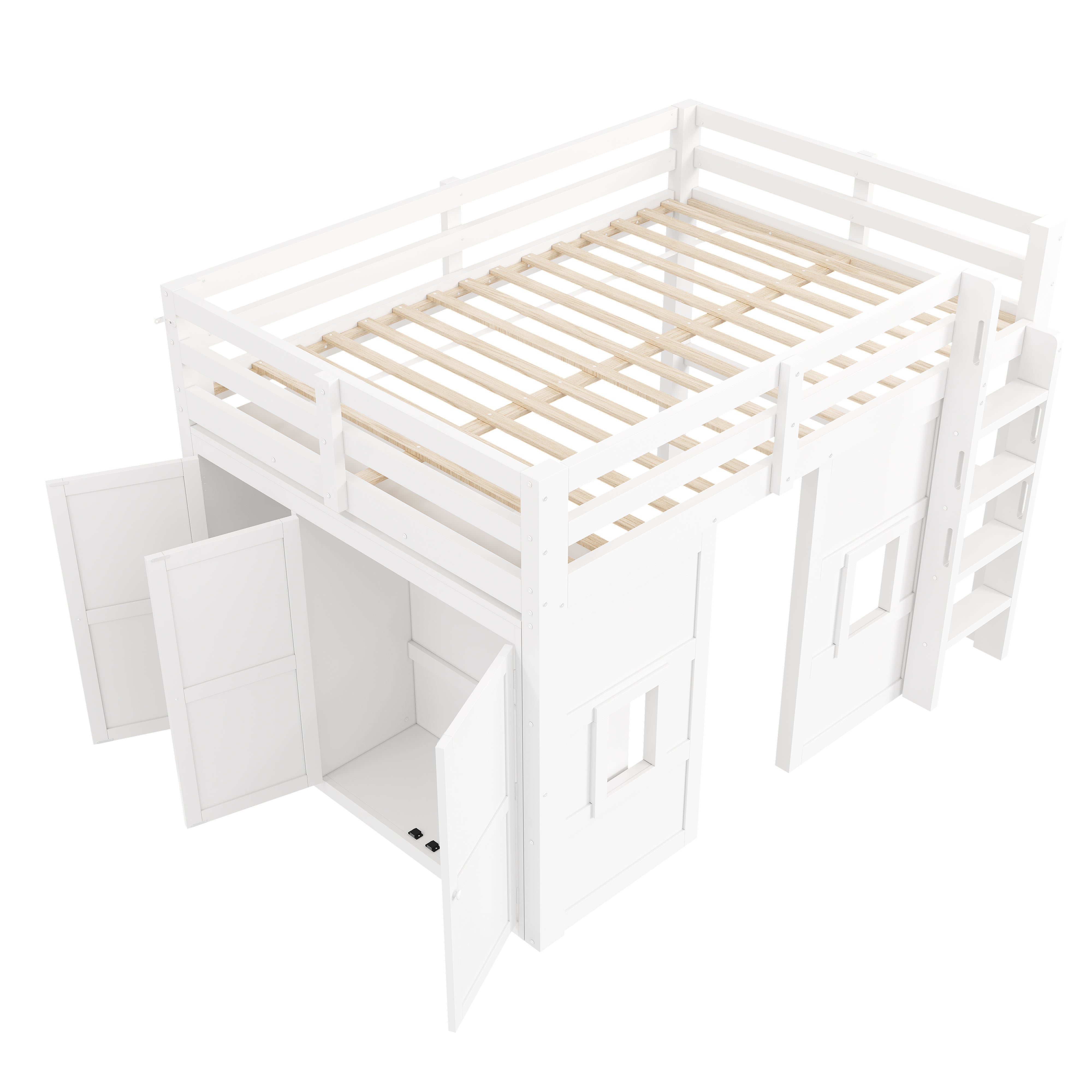 Lit mezzanine 140 x 200 cm avec armoire et 2 fenêtres - MDF + pin - LEDs - Blanc (Sans matelas) - 9