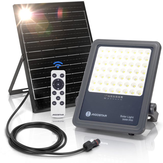 Aigostar Foco proyector LED solar con control remoto,Focos solare de 300W,3000LM,luz blanca fría de 6500K,IP65 Luz solar exterior,cable de 2M