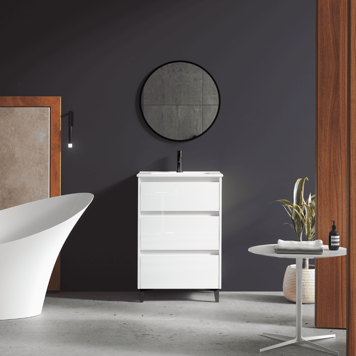 Móveis de Banheiro Comprimento do Chão com Pia de Cerâmica |Móveis de Banheiro com Pernas Pretas 3 Gavetas | 60 cm Branco brilhante - 2