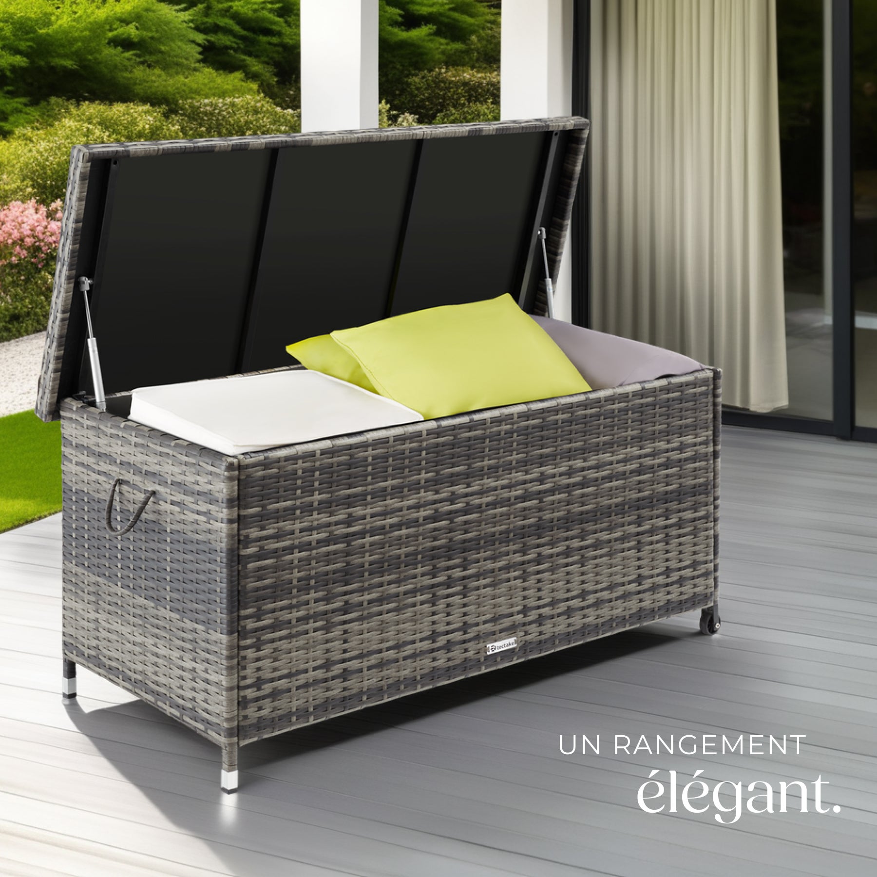 Coffre de jardin rotin en résine tressée et structure en acier 120x55x61,5cm 270 L avec poignées et 2 roues TECTAKE - 7
