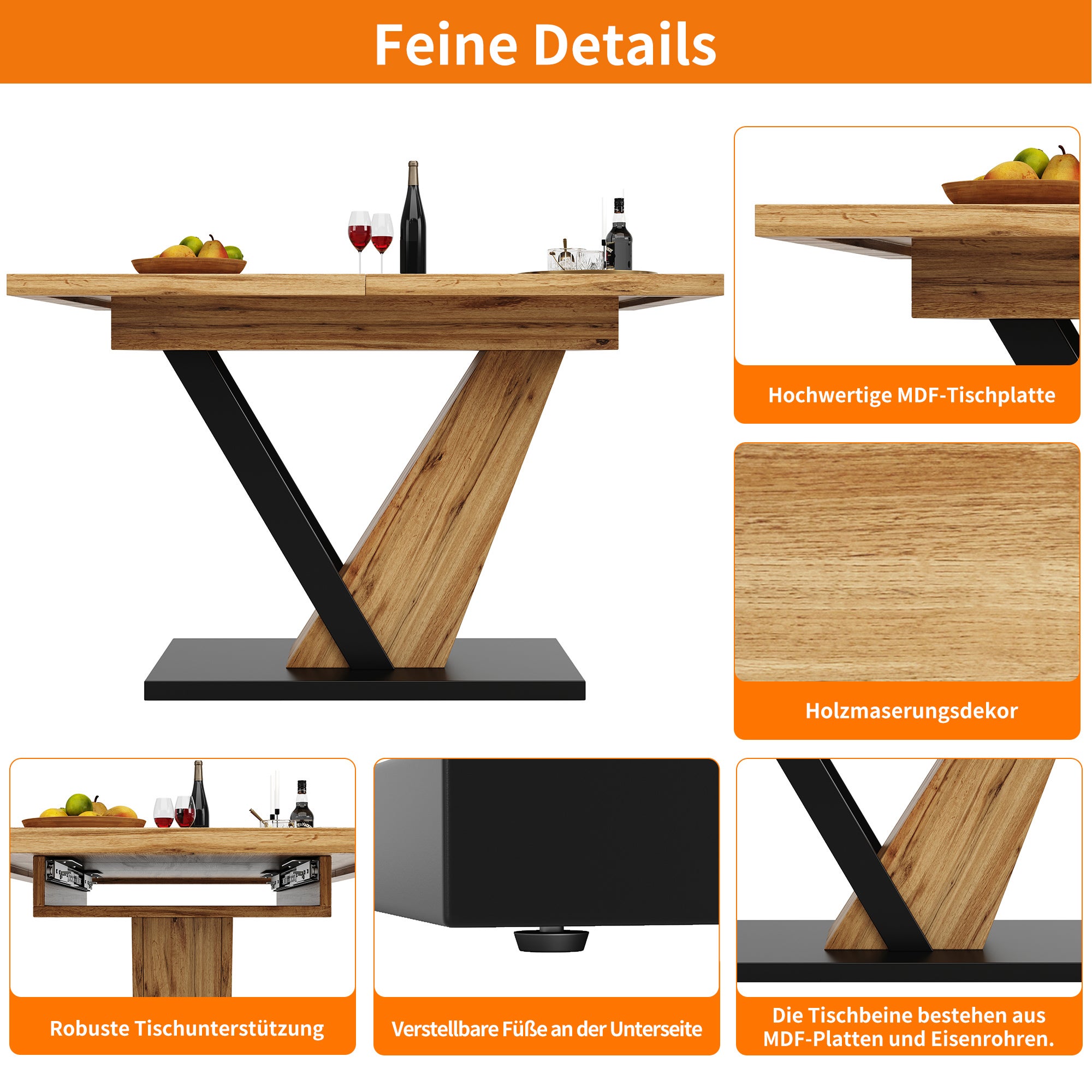 Table a Manger Extensible (120-160×75×75,5cm),design extérieur à grain de bois,Table de Cuisine 6/8 Personnes,Pour cuisines et salons,Naturelle+Noir - 5