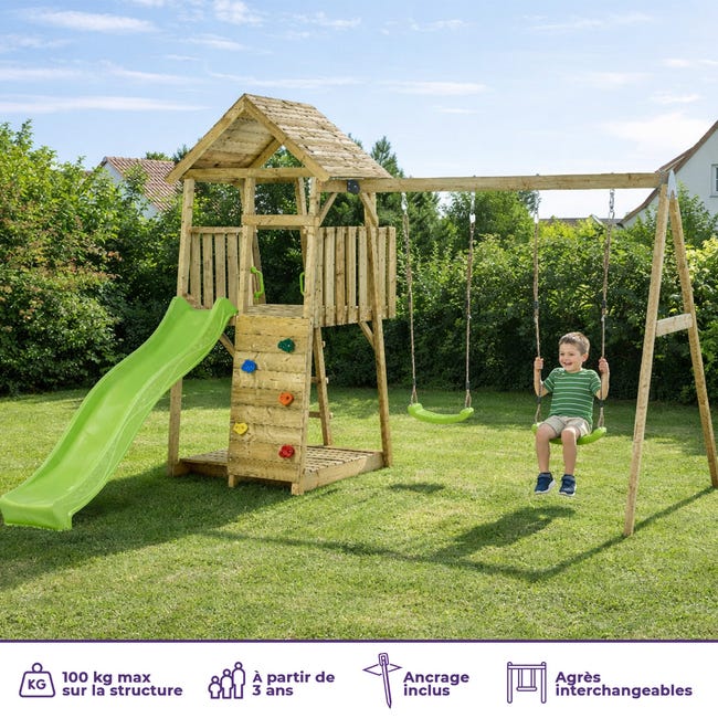 KANGUI Aire De Jeux Portique En Bois WOODI - Double Balançoire Et Nid 100cm Toboggan Mur Escalade Bac A Sable Cabane Echelle 87875971 KANGUI Aire De Jeux Portique En Bois WOODI - Double Balançoire Et Nid 100cm Toboggan Mur Escalade Bac A Sable Cabane Echelle 87875971