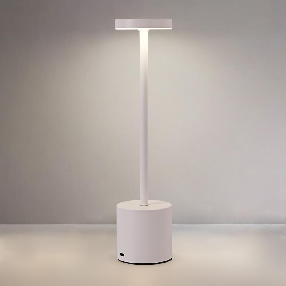 Jedna bezprzewodowa, ładowalna lampka biurkowa LED z wbudowaną baterią 1200 mAh, w kolorze białym i trzema regulowanymi temperaturami barwowymi.