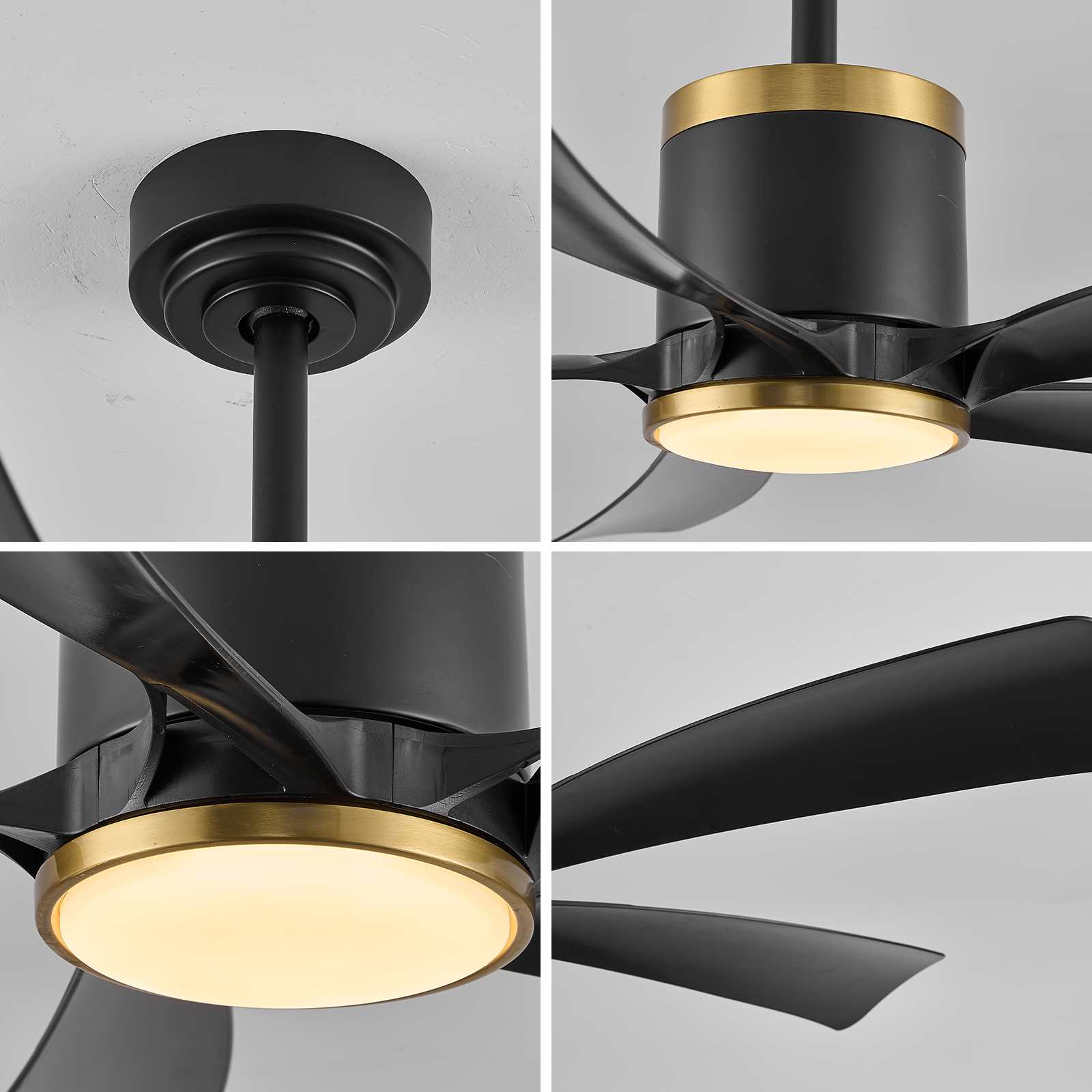 Ventilateur de plafond 52'' LED 20W dimmable, 5 pales ABS noires, APP, 6 vitesses, réversible, anneau doré, salon chambre - 7