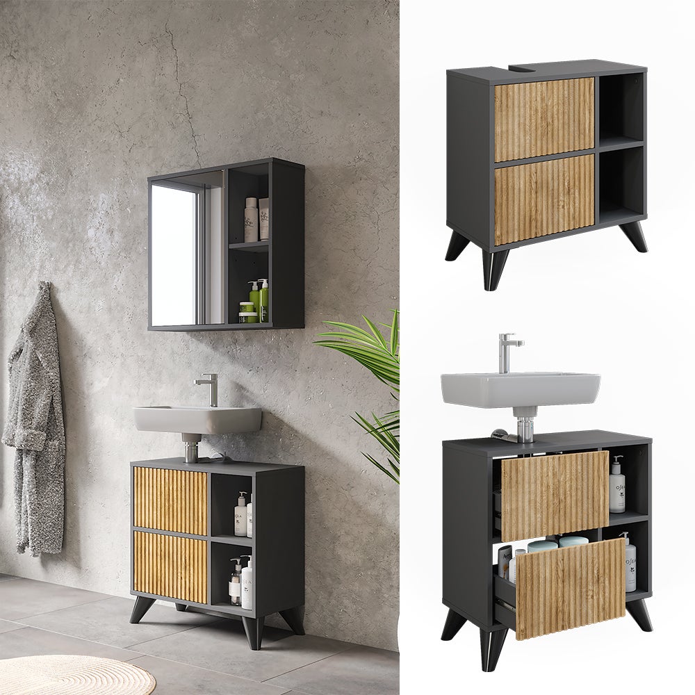 Mobile Sottolavabo Beatrice Per Bagno - Antracite/Sonoma 80x64cm Con Ante E Ripiani - Foto 5