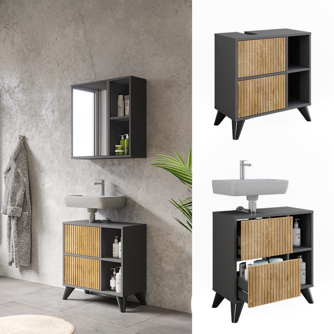 Mobile Sottolavabo Beatrice Per Bagno - Antracite/Sonoma 80x64cm Con Ante E Ripiani - Foto 5