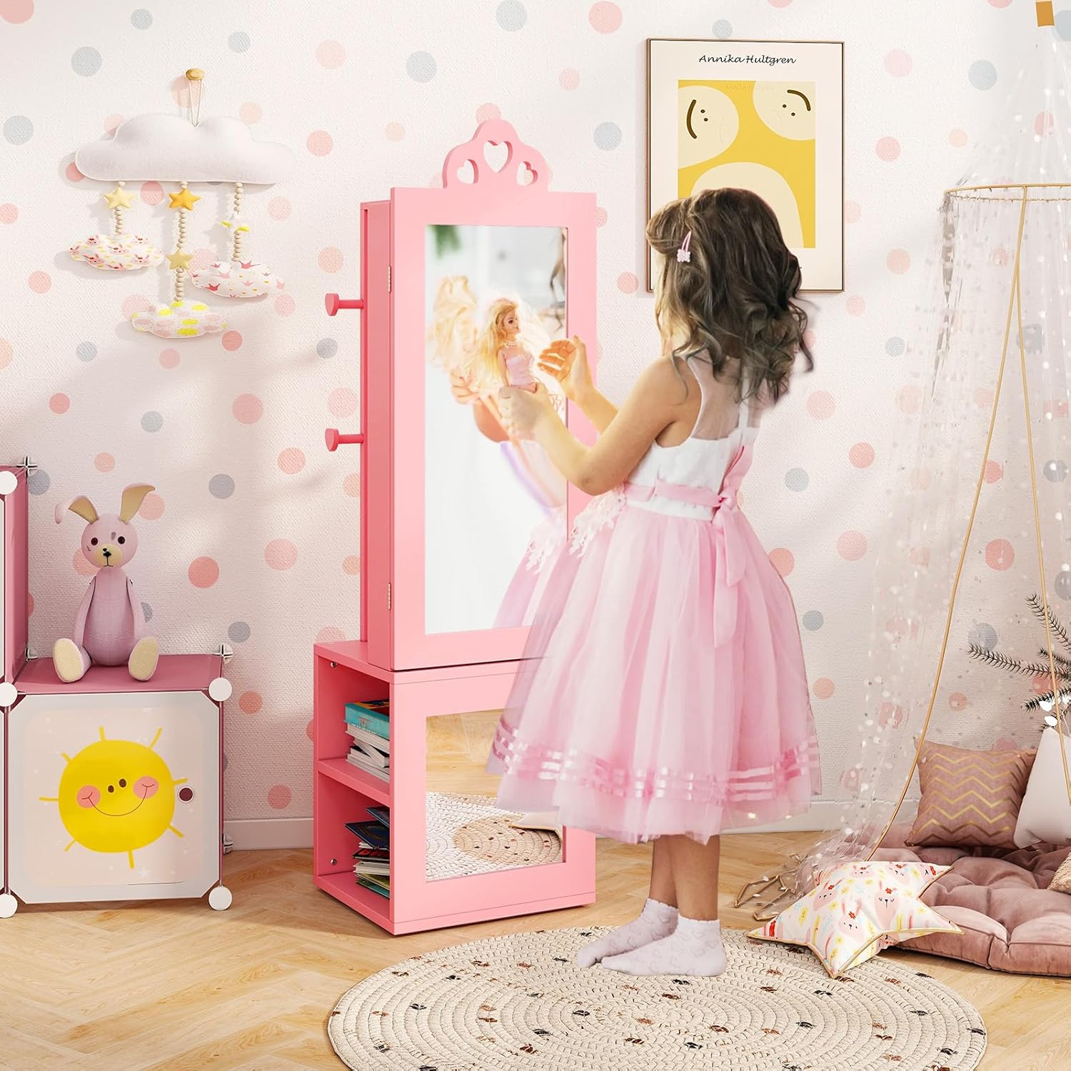 Armoire à Bijoux Enfant, 3 en 1 Armoire de Bijoux sur Pied avec Miroir Pleine Longueur, Porte-vêtements, Kit Anti-basculement, Motif Cœur (Rose) - 8