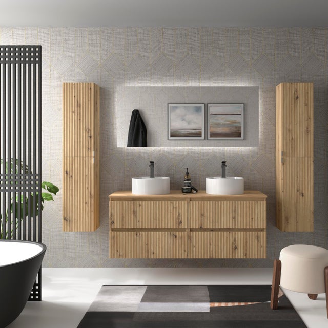 Meuble de salle de bain KIRA Chêne 140cm 4 tiroirs Vasque à poser 2 vasques Porcelaine