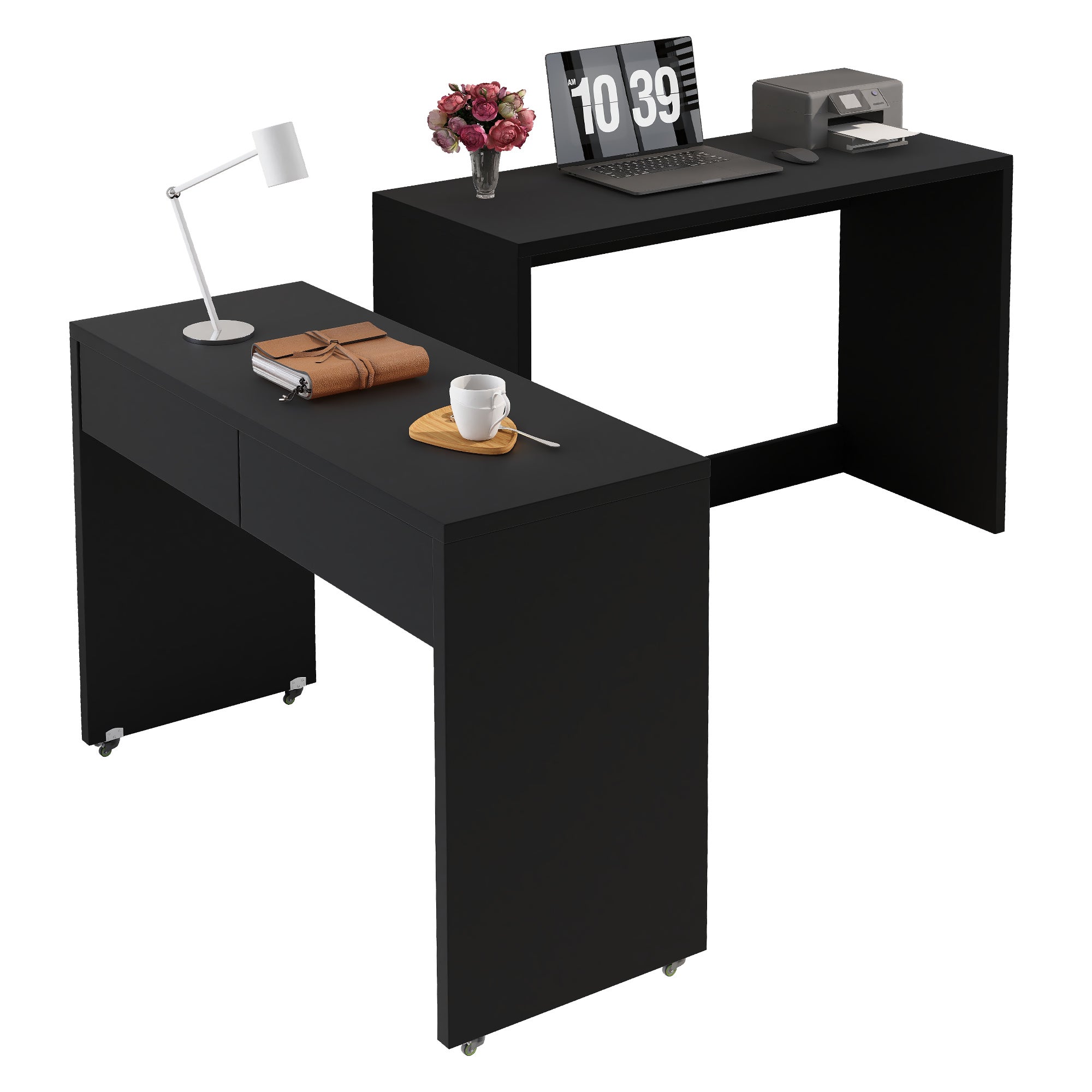 Bureau extensible 110x40x78 cm, bureau gigogne avec roulettes et 2 tiroirs, noir - 3