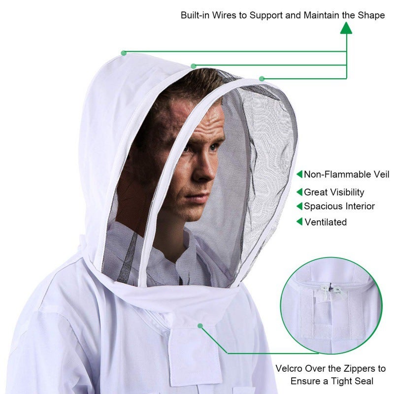 Combinaison anti-abeille épaisse blanche, gants en peau de mouton, combinaison d'abeille fendue une pièce pour abeilles, XL, combinaison d'apiculture - 5
