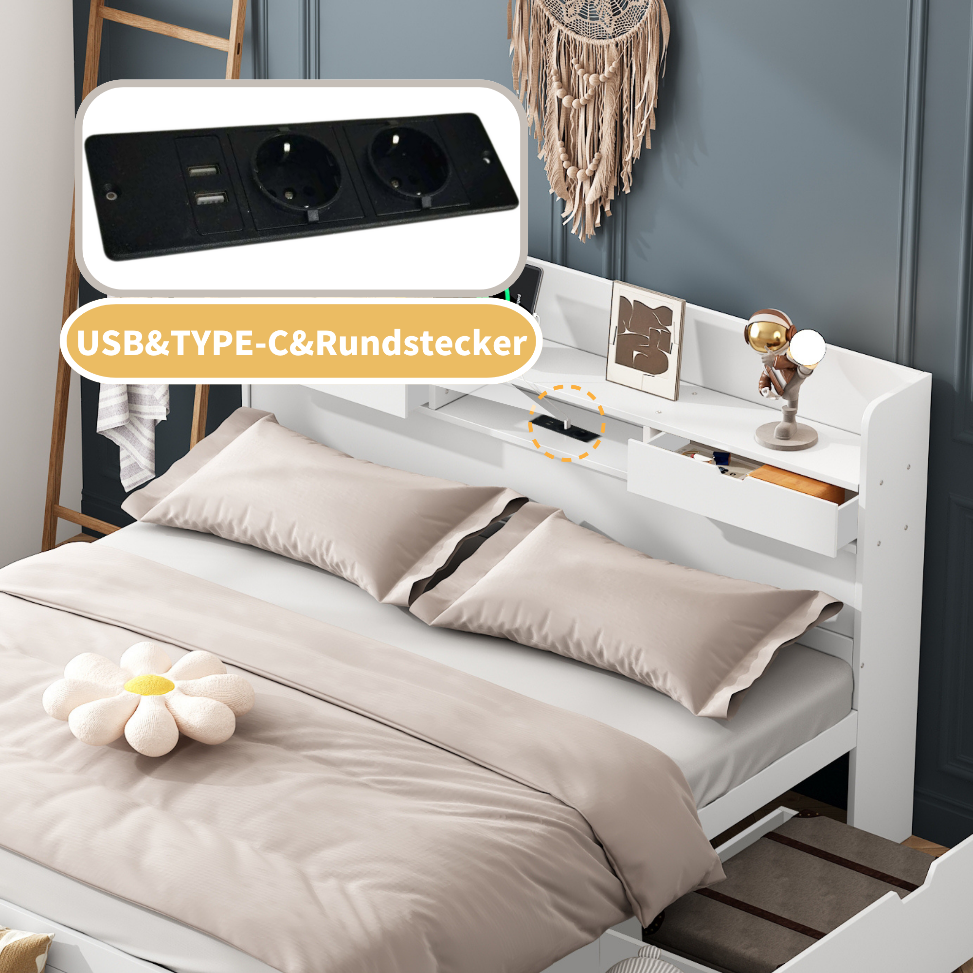 Lit double 160x200 cm avec rangements intégrés, tête de lit avec ports USB et tiroirs, structure en pin blanc, sans matelas - 6