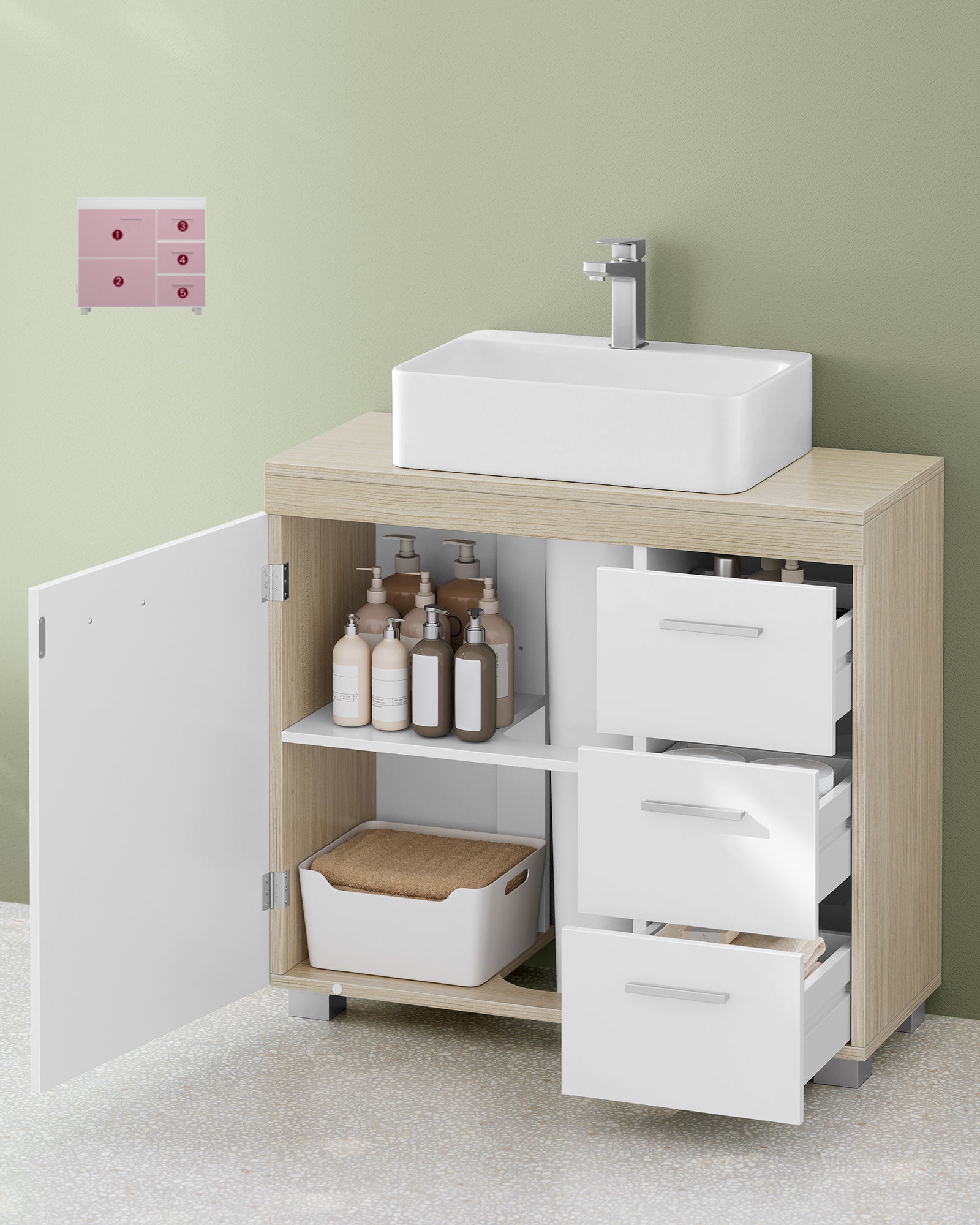 Meuble sous lavabo, 3 Tiroirs Latéraux, 2 Cases derrière la Porte, pour Lavabos sur Colonne, avec Pieds, 30 x 70 x 64 cm, Blanc et Beige Naturel - 4
