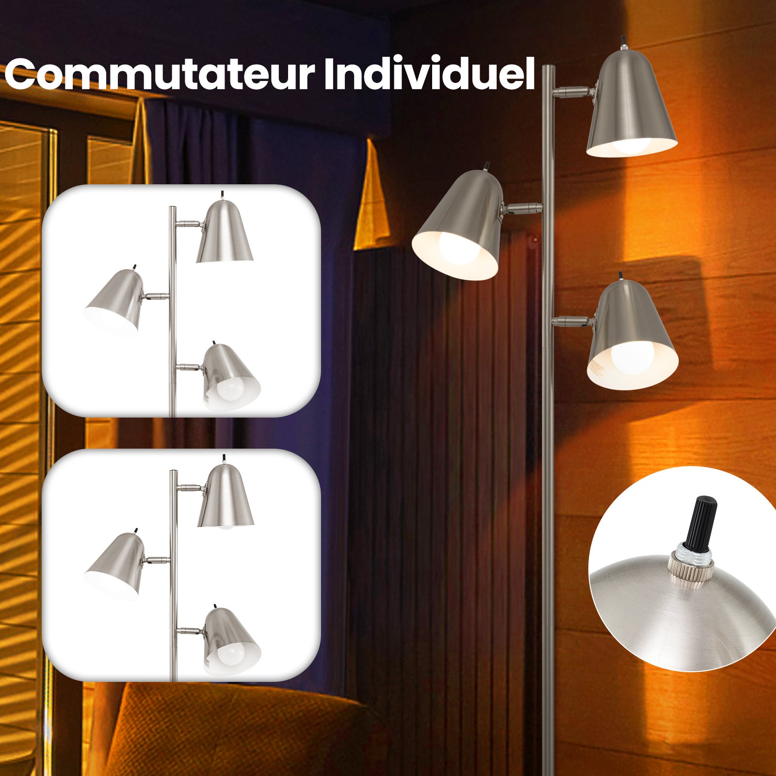 Lampadaire à 3 Ampoules H.163CM, Lampe Arbre sur Pied avec 3 Ampoules E26 A19 et Abat-jours Réglables, Poteau Métallique Robuste et Base Lourde,Argent - 6