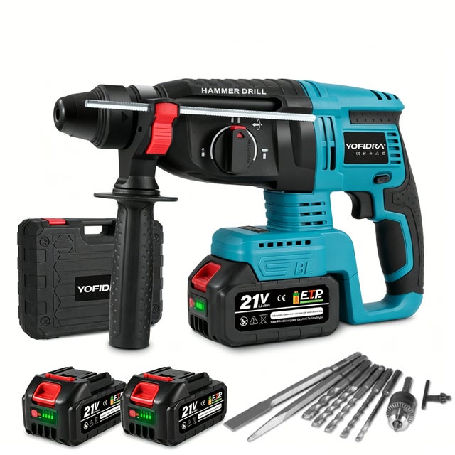 Yofidra Martillo perforador sin escobillas 650 W - 26 mm - SDS Plus - con dos baterías de 3,0 Ah y 10 accesorios (caja)