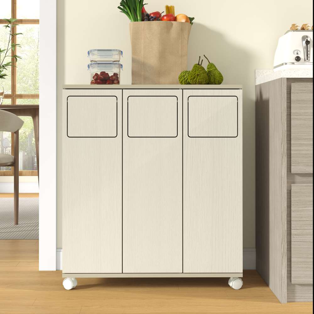 Armario basura 3 compartimentos con ruedas blancas, mueble cocina móvil efecto madera clara, 3 puertas, para cocina y comedor, 69,3x35x80cm