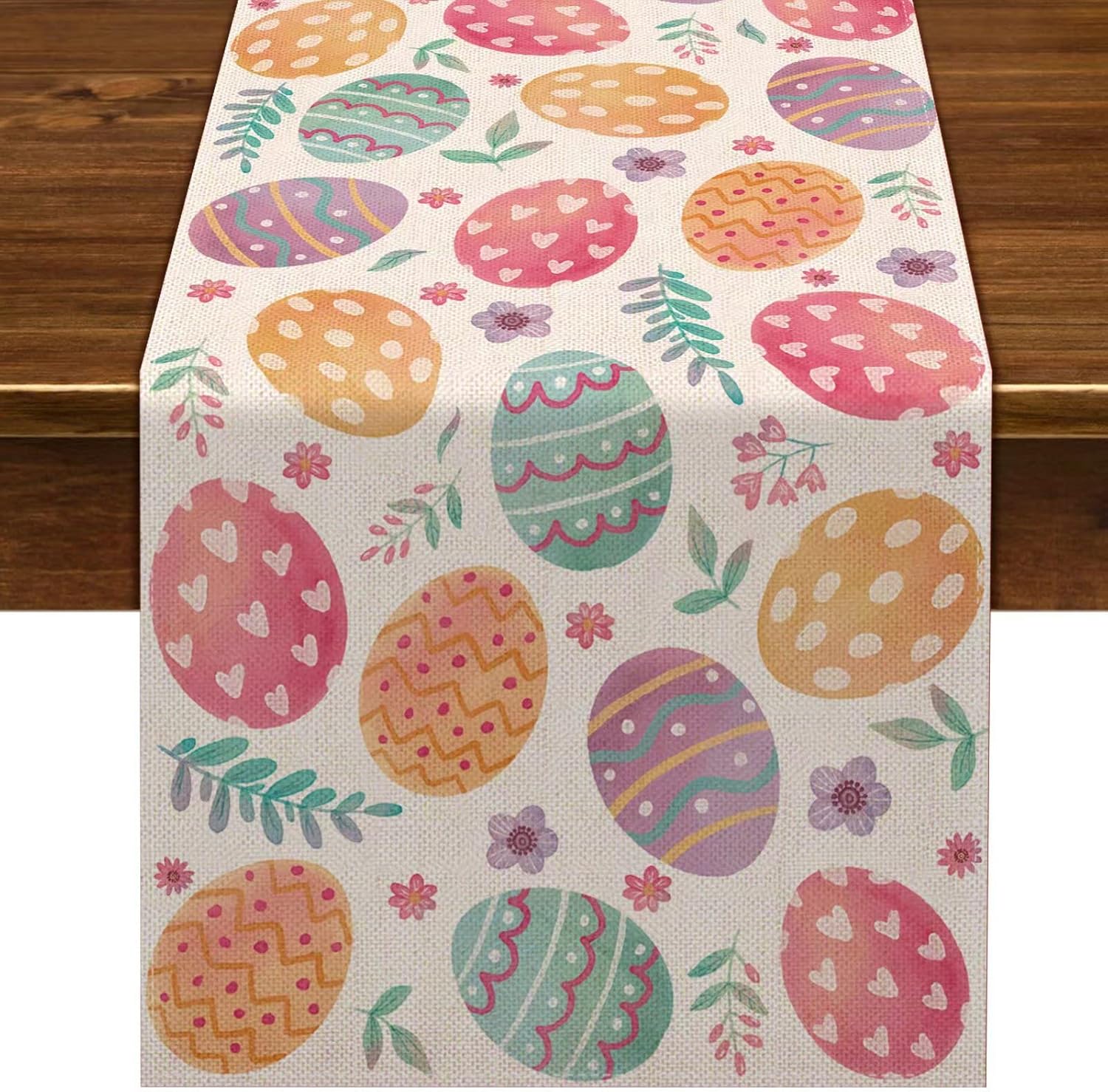 Bieżnik lniany "Wesołych Świąt Wielkanocnych" z wiosenną dekoracją w kształcie pisanki (33 x 183 cm)