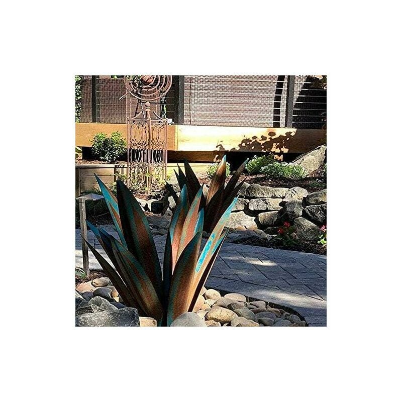 Adorno de jardín de metal, planta de agave, escultura rústica de metal, 65 cm, 9 hojas - 3