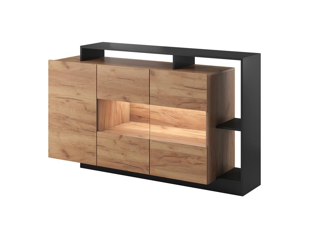 Komoda VENTO 155 – Nowoczesny Mebel z Przeszklonym Frontem, Dąb Craft Złoty + Antracyt