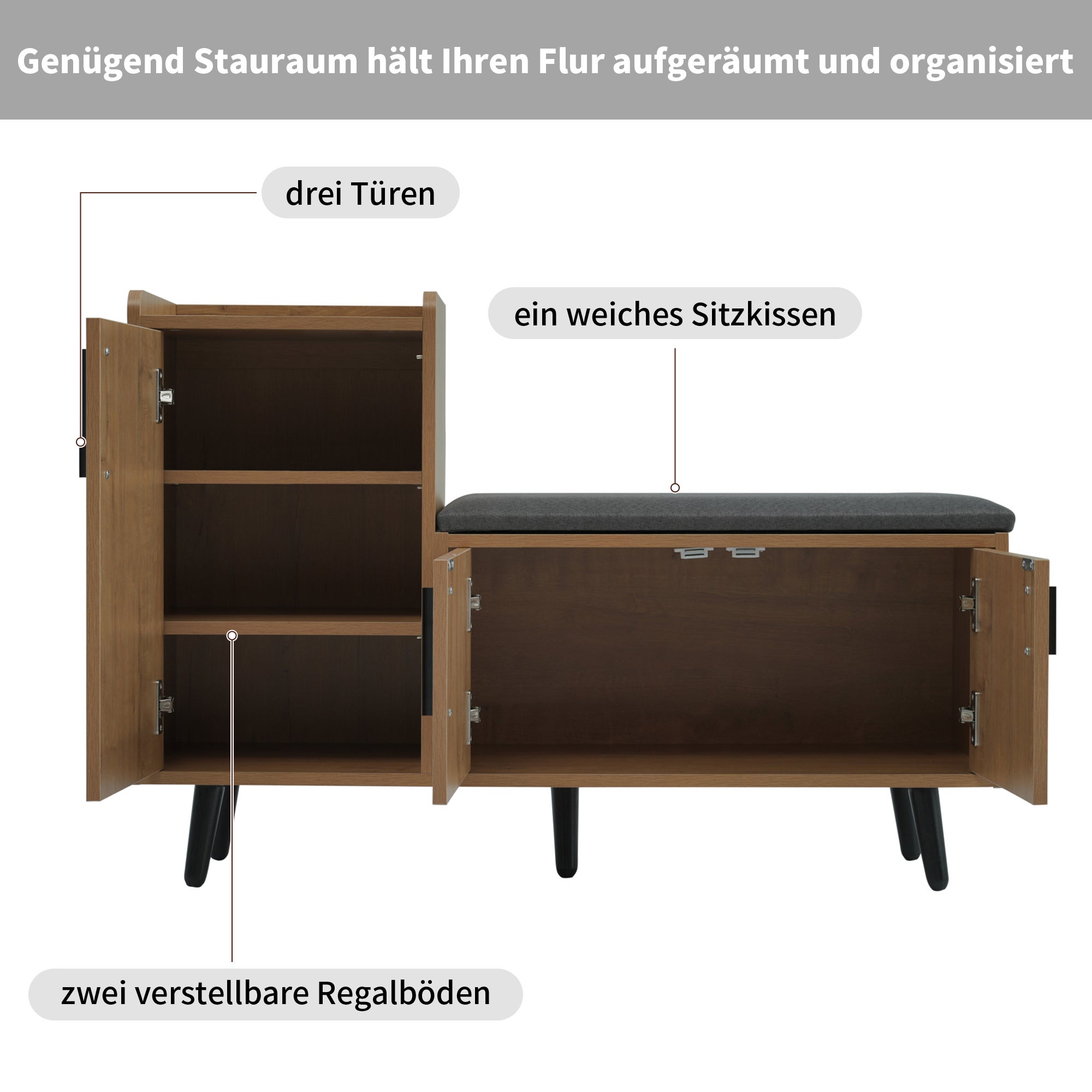 Banc à chaussures avec Rangement 100x34x69 cm, Structure en Bois et Poignées Métal Asymétriques 9 paires, Meuble range-chaussures 3 portes, Naturel - 4