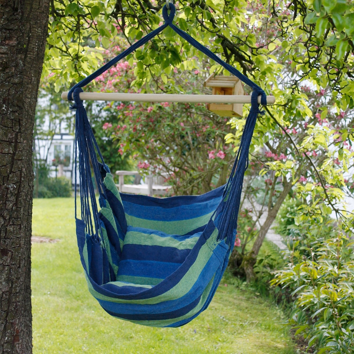 Sedia Sospesa DRULINE A Forma Di Amaca, Colorata, Capacità 120 Kg, In Misto Cotone, Verde/blu, Con Girello 360°