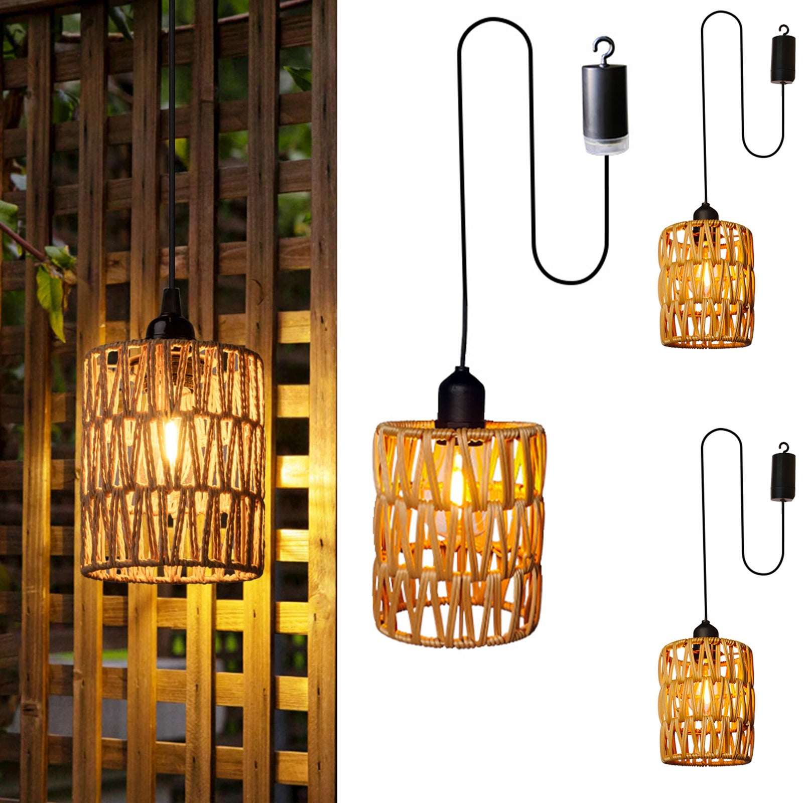 Lot De 2 Suspensions à Piles En Rotin - Lampes Extérieures Sans Fil, Style Bohème, Télécommande
