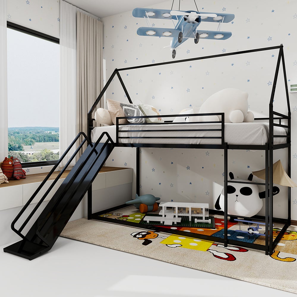 Lit Superposé Maison En Bois Avec Toit, échelle Et Toboggan - Blanc Et Marron 140x200 Cm - Pour Chambre D'enfants
