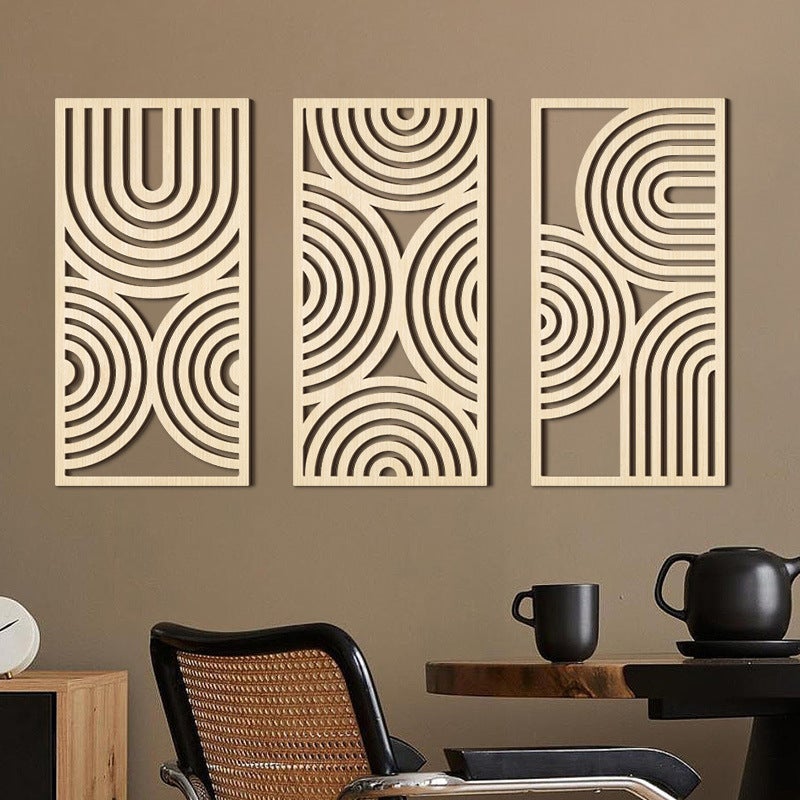 Lot de 3 tableaux muraux bohèmes en bois avec cadre, décoration murale style médiéval moderne, abstrait géométrique minimaliste，40 x 20 cm - 7
