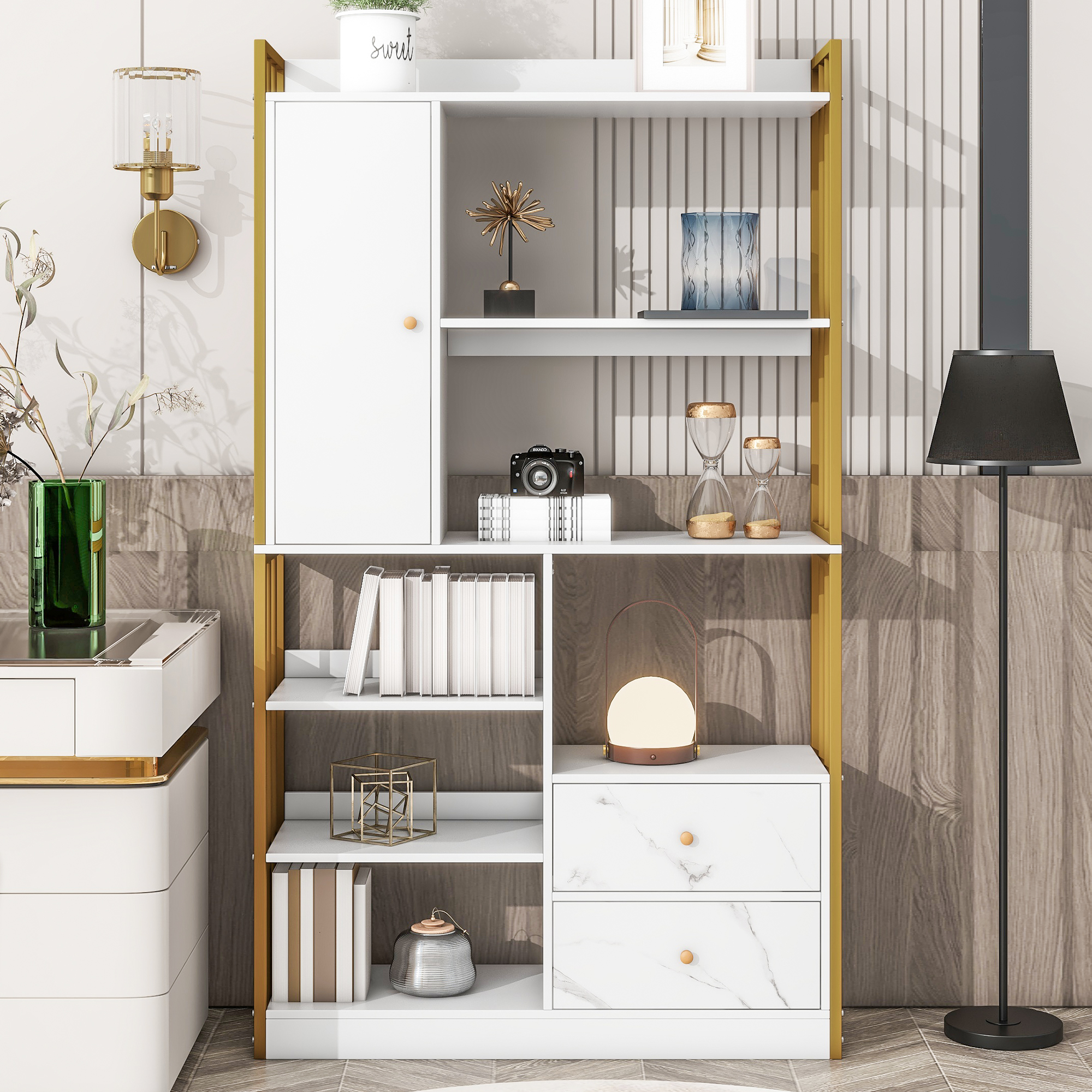 Regał 6-półkowy z jednymi drzwiami i 2 szufladami - 100 x 30 x 173,5 - Płyta wiórowa i metal - złoty + biały