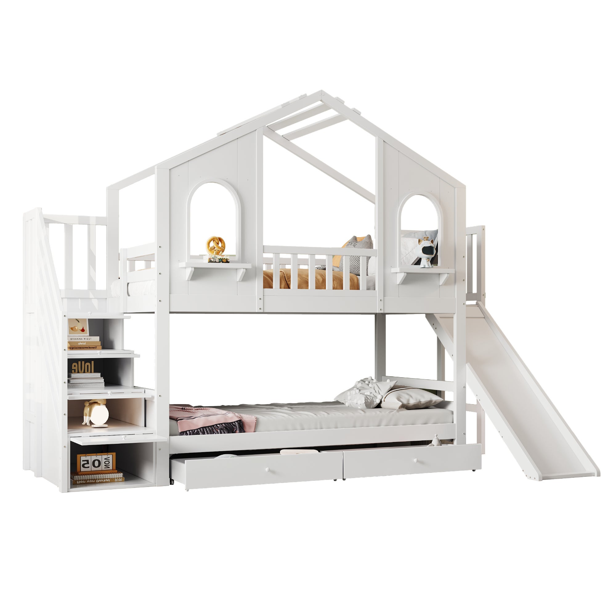 Łóżko piętrowe dziecięce 90x200 cm - Design domku - z drabinką schodkową + zjeżdżalnią - z 2 szufladami - biały (materac nie jest wliczony w cenę) - 5