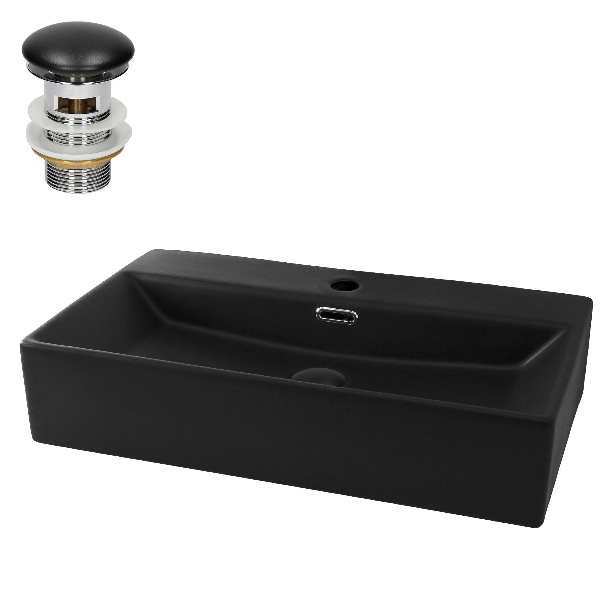 Lavoar de baie LuxeBath 60,5x36,5x13 cm, din ceramica, cu ventil pop-up si orificiu pentru baterie, chiuvetă cu montare pe blat/perete, negru mat