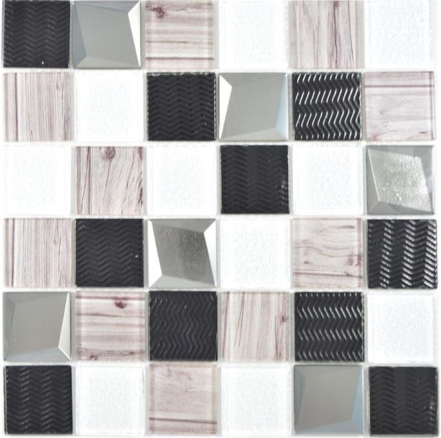 Mosaïque Verre Cristal – Coupe Noir/blanc, 64-0302_b (1 Plaque), Neuve