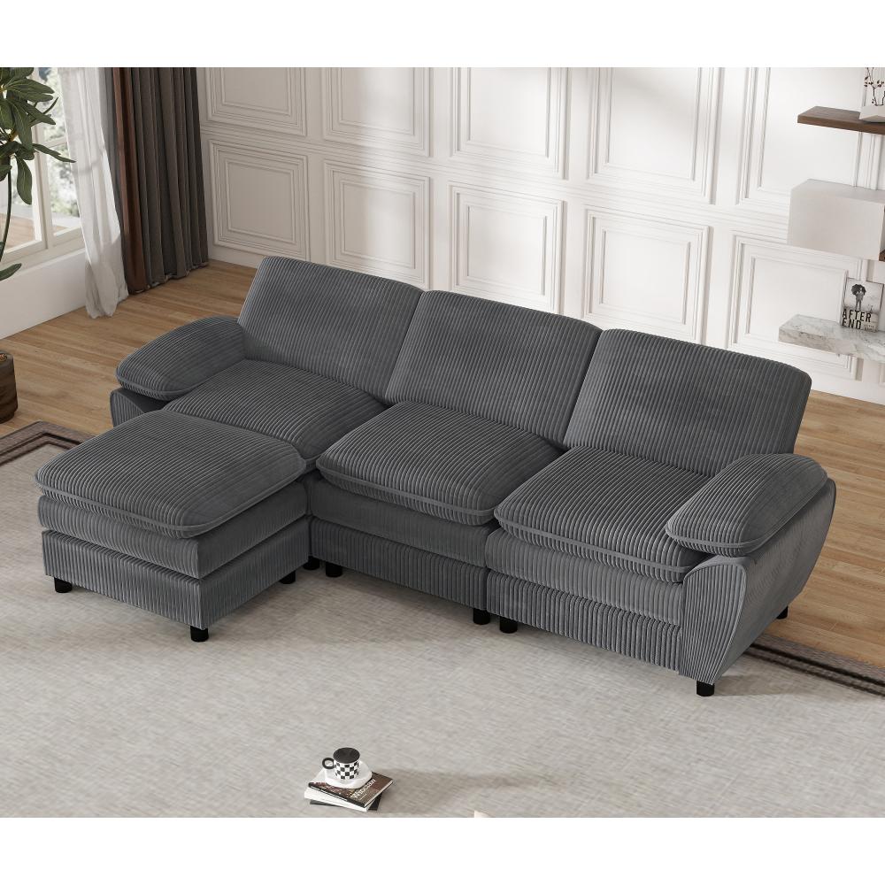 Sofa modułowa w kształcie litery L z odłączaną otomaną, miękkim aksamitem, ramą z litego drewna i zdejmowanymi poduszkami