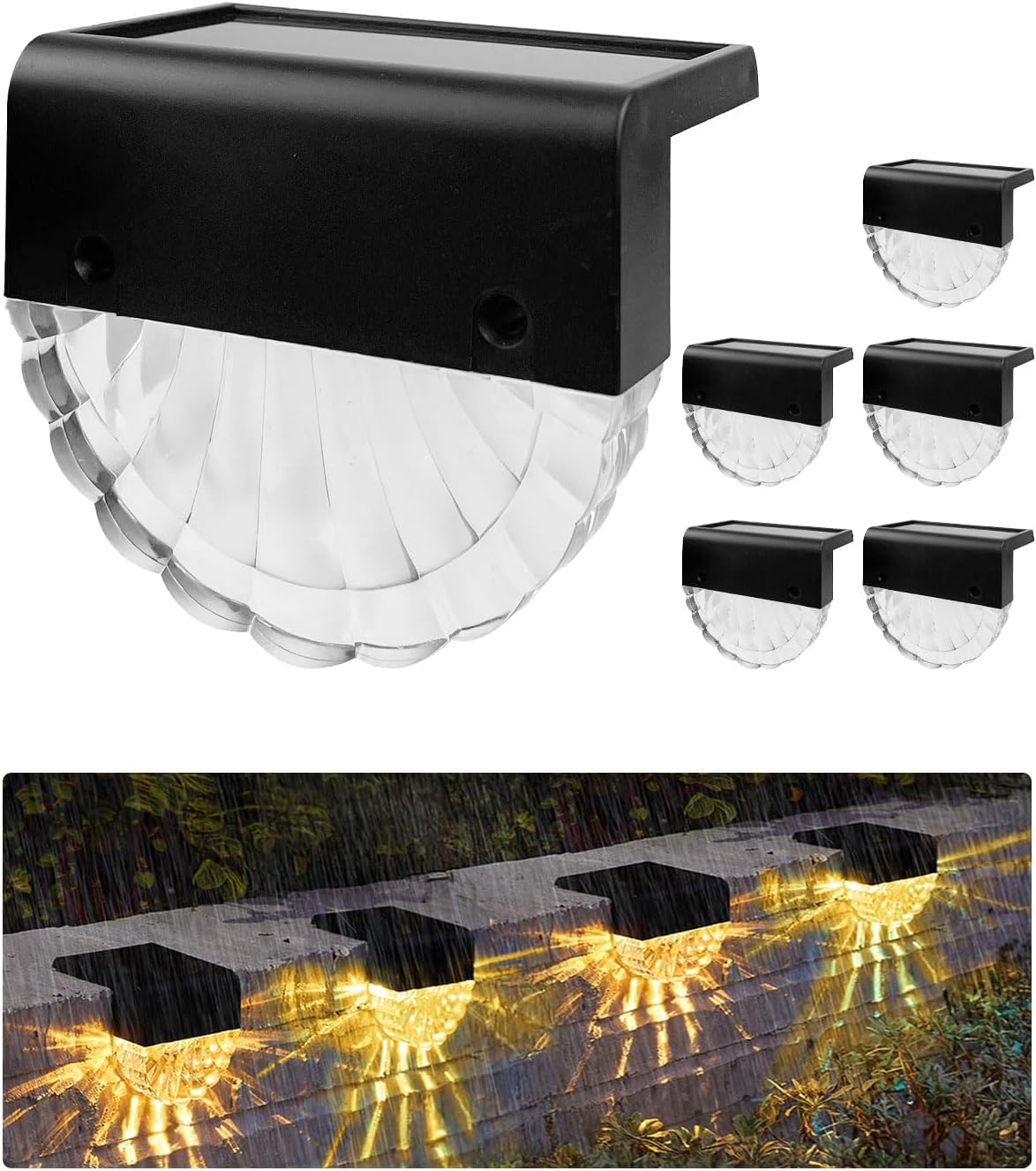 Zestaw 6 zewnętrznych lamp solarnych na ogrodzenie, 2 tryby kolorów, lampy solarne na schody, wodoodporne, ciepłe białe światło/wielokolorowe