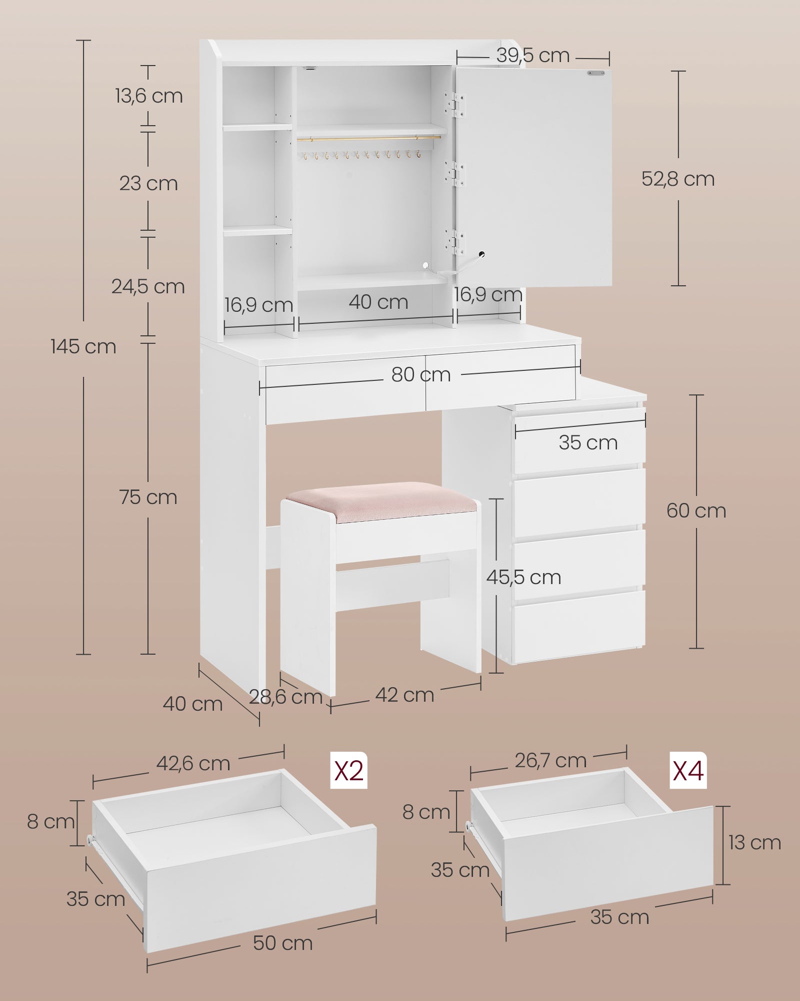 Coiffeuse, Grand Miroir LED à Luminosité Réglable, Compartiments Ouverts, Tabouret, Étagères Réglables, Blanc Nuage - 6