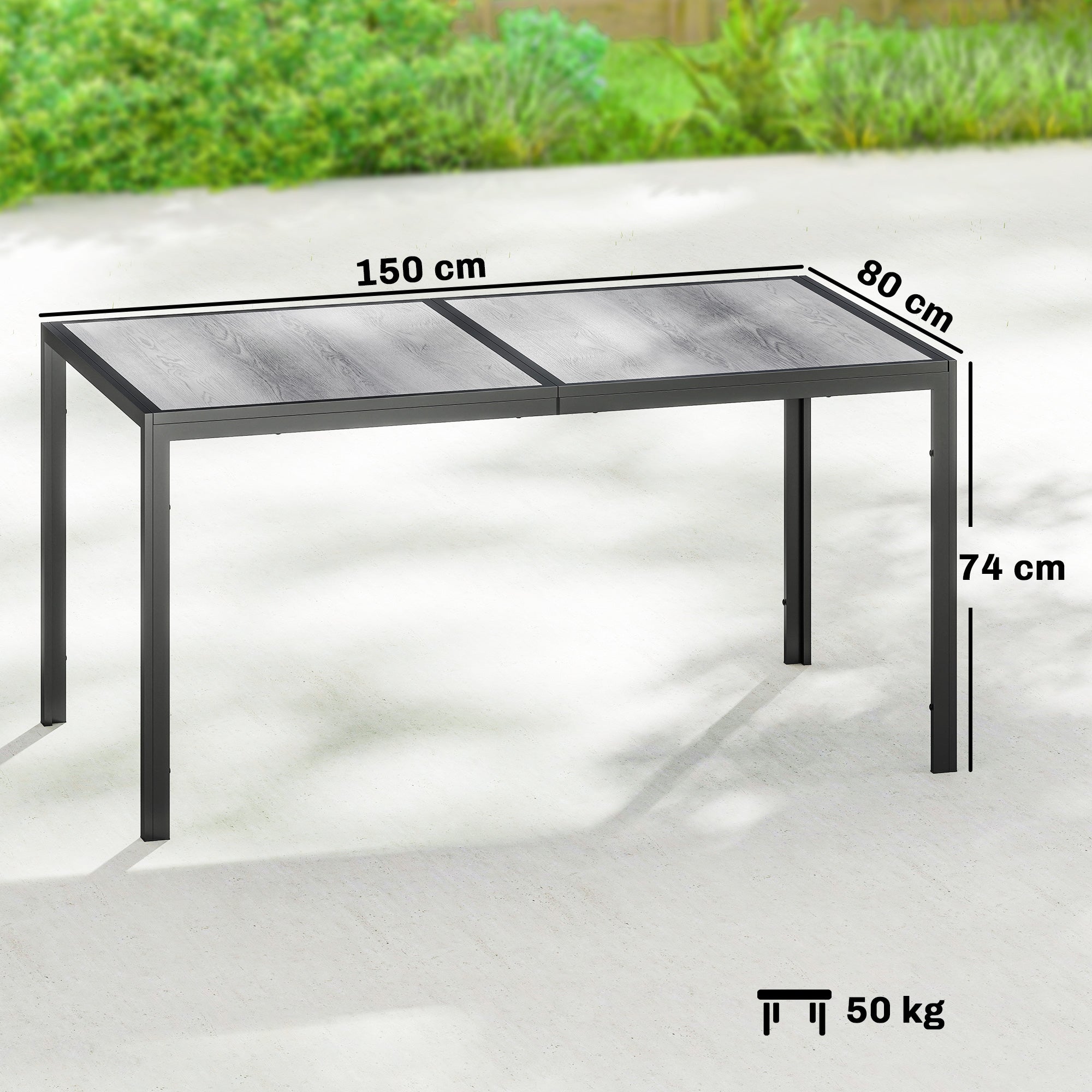 Table de jardin pour 4 à 6 personnes, table de repas d'extérieur avec plateau effet bois, 150 x 80 x 74 cm, grise - 5