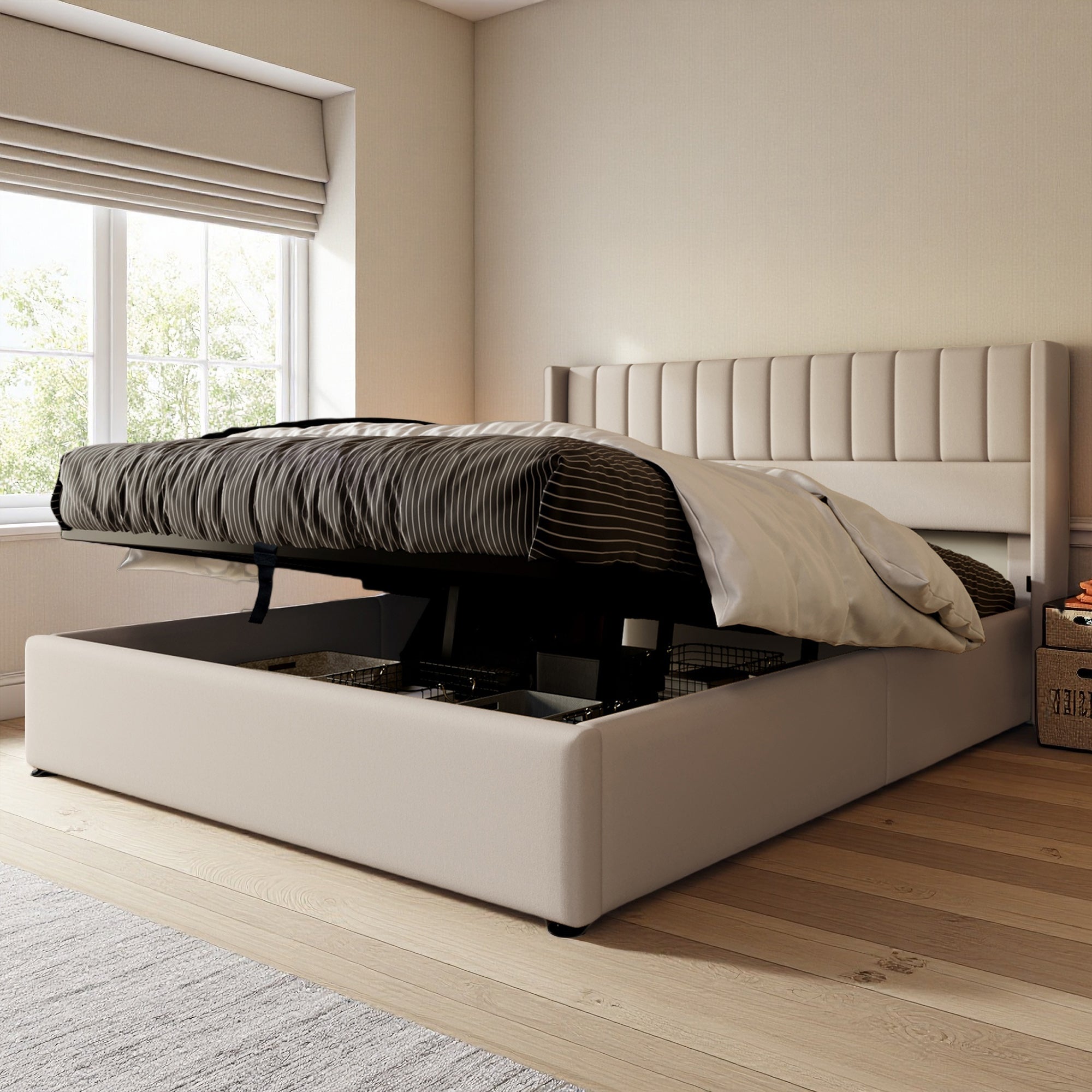 Lit coffre 160x200 cm avec hydraulique, cadre de lit double avec sommier à lattes, lit adulte, tissu en lin, 160x200 cm, beige - 2